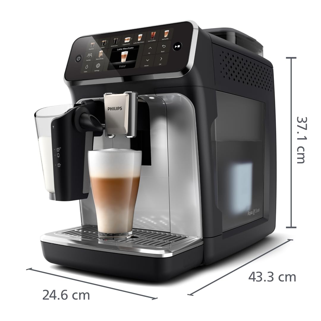 Philips Cafetera Totalmente Automática Serie 5500-20 cafés Calientes y Helados, Sistema de Leche QuickClean LatteGo, 40% más Silenciosa Gracias a SilentBrew, QuickStart, Negro y Plata (EP5546/70)