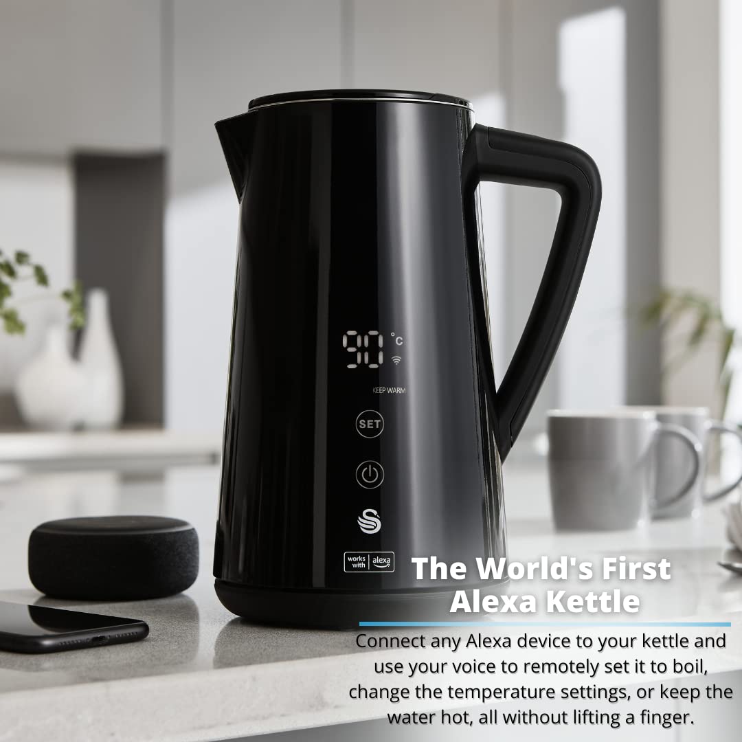 Swan Alexa Hervidor Agua Eléctrico Inteligente WIFI Smart Kettle 1,5L, Inalámbrico, Pantalla LED Táctil, Función Mantener Caliente, Pared Aislada Acero Inoxidable, 1800W, Negro, SK14650BLKN