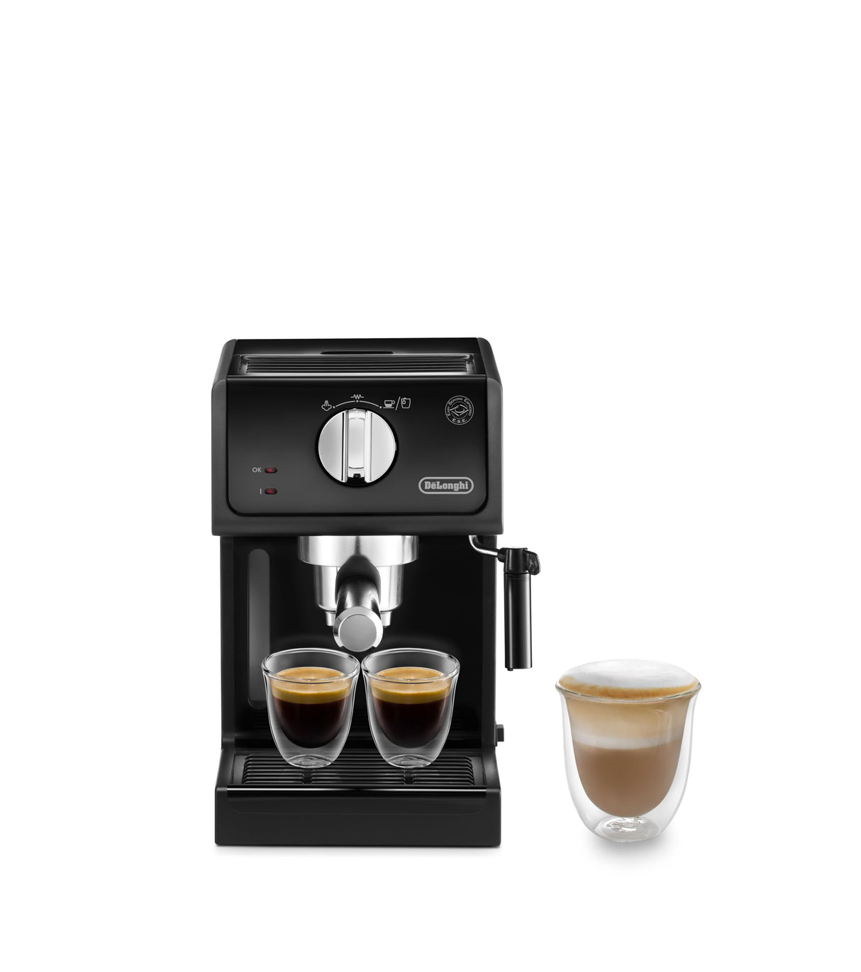 De'Longhi Máquina de café expreso | Portafiltro con acabado de aluminio | Boquilla de espuma de leche | También para cápsulas | Negro