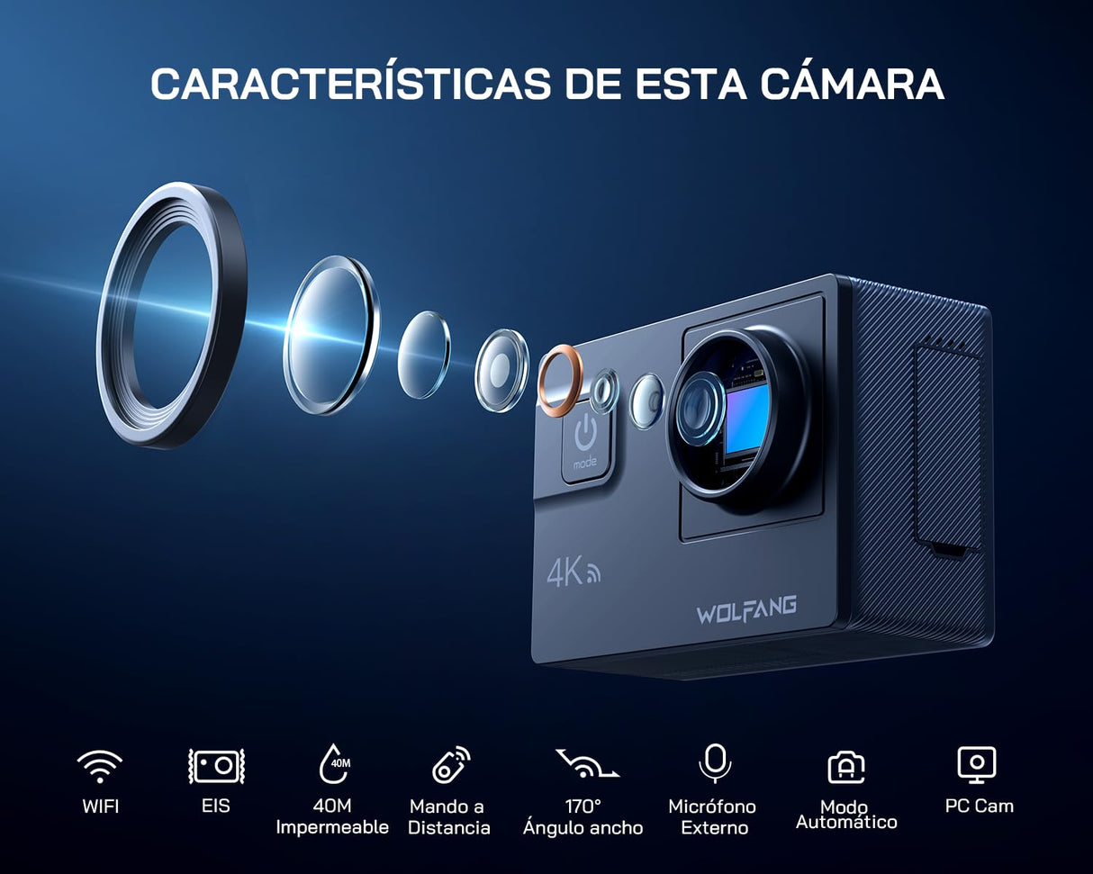 WOLFANG GA300 Cámara Acción 4K, Submarina 40m Impermeable con Tarjeta 32GB, WiFi 60FPS 24MP, Zoom 8X + Gran Angular 170° EIS, Mando 2.4G, Pantalla Táctil, 2 Baterías 1350mAh