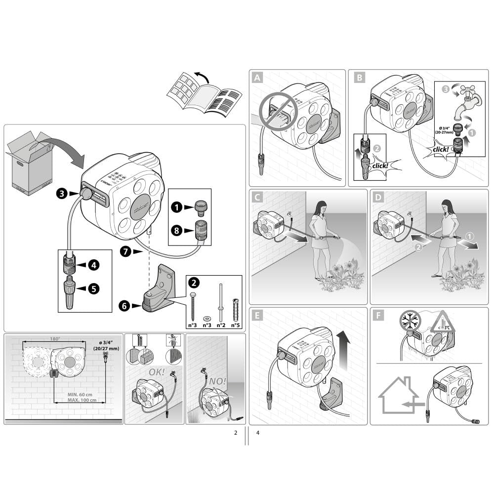 Claber Rotoroll Evolution 30 m, Soporte portamanguera automático para montaje mural provisto de Slow Rewind