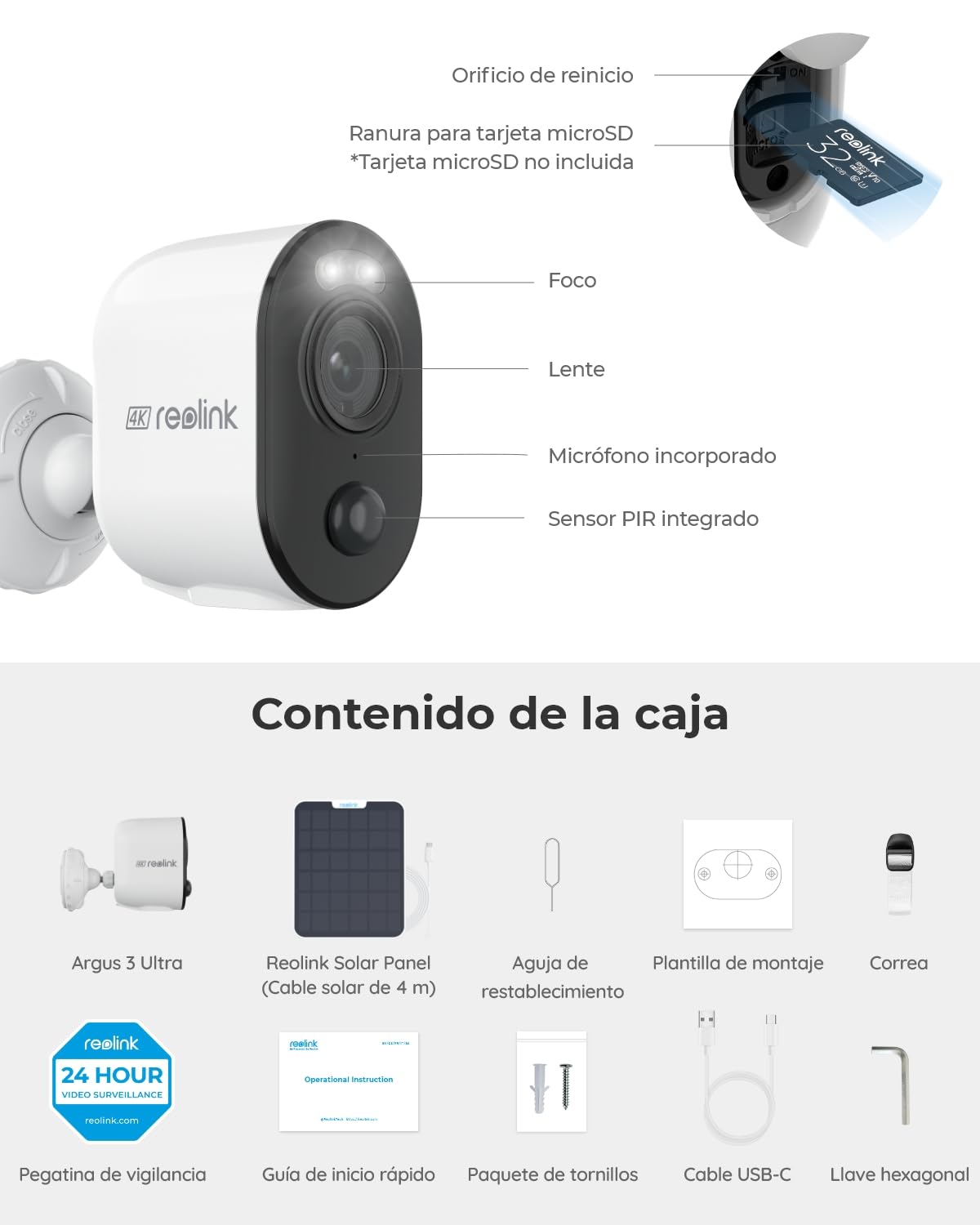 Reolink 4K Camara Vigilancia WiFi Exterior Solar, 8MP Cámaras de Vigilancia Sin Cables con Batería 2,4GHz/5GHz WiFi, Visión Nocturna en Color, Detección Smart, Cloud, Argus 3 Ultra con Panel Solar