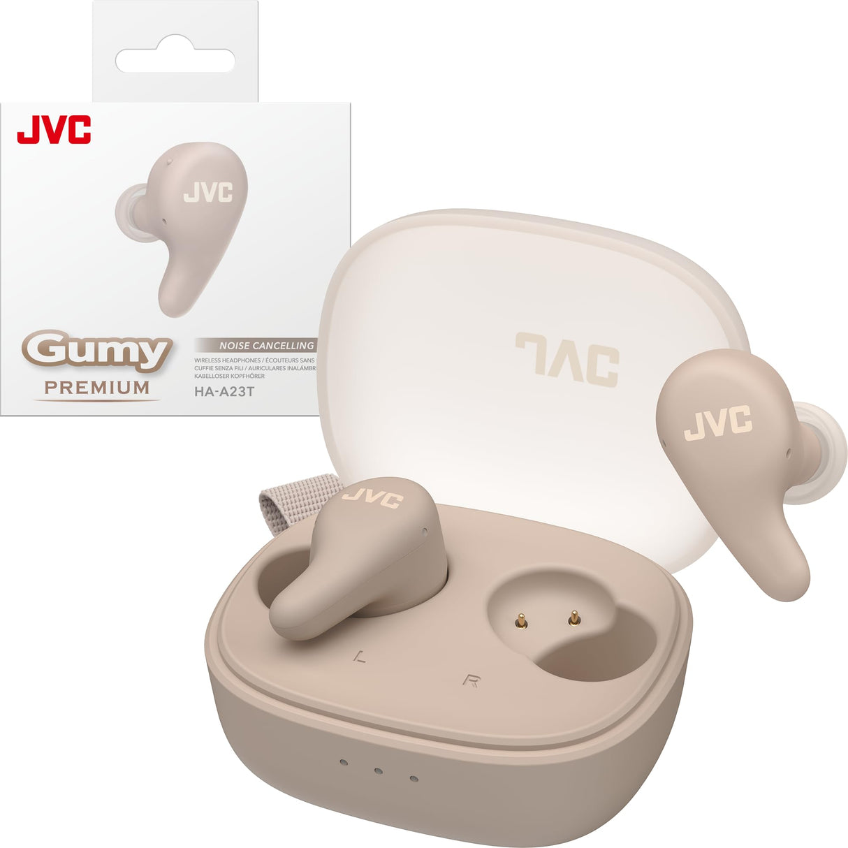JVC Gumy Premium Auriculares Bluetooth True Wireless con Cancelación de Ruido, Bluetooth 5.4, Modo Ambiente, Baja Latencia, 26h batería, Estuche Translúcido USB-C, Marrón Mocha - HA-A23T-T