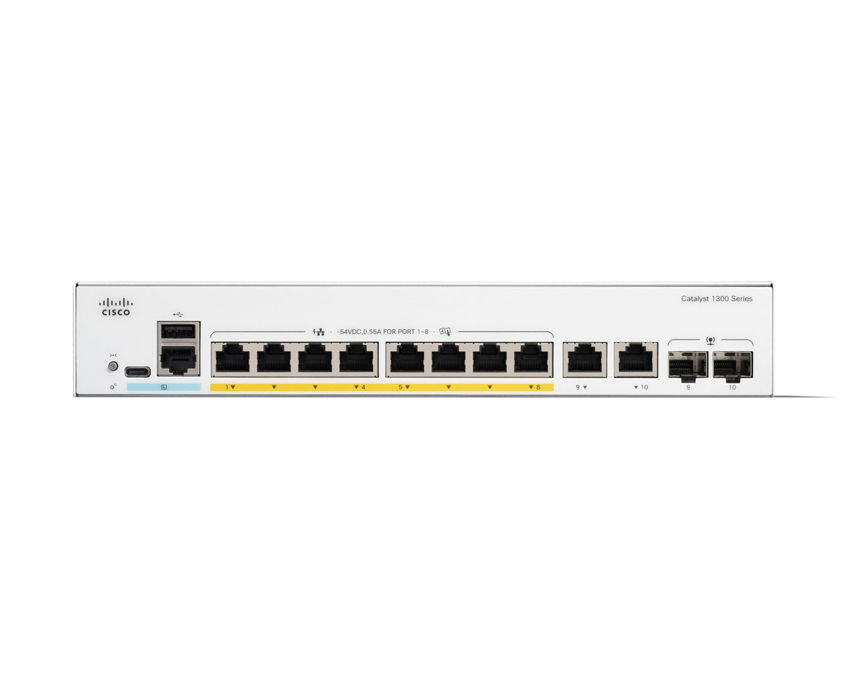 Cisco Switch administrado Cisco Catalyst 1300-8FP-2G, GE de 8 Puertos, PoE Completo, Combo GE 2x1, protección Limitada de por Vida (C1300-8FP-2G)