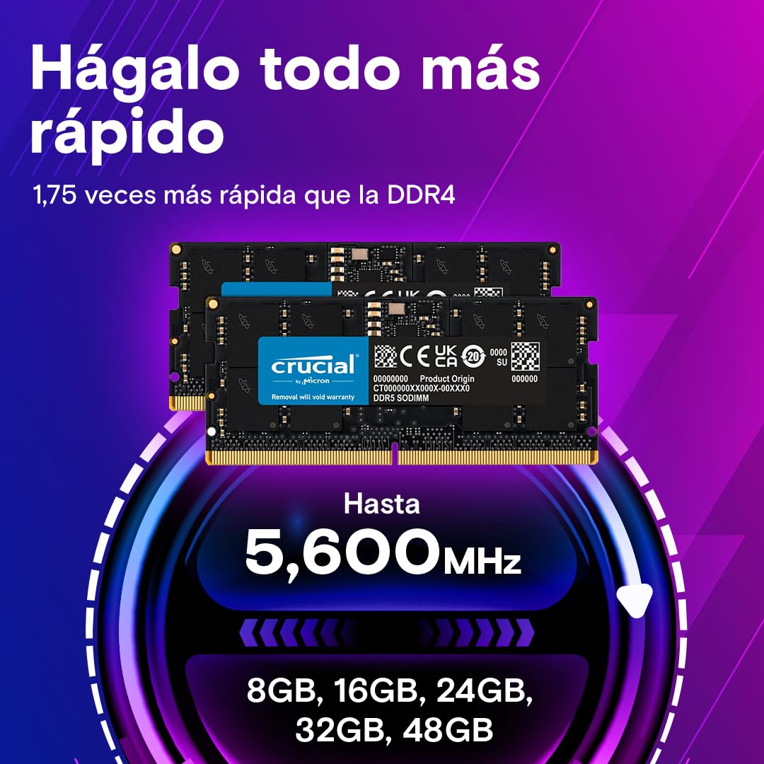 Crucial RAM 96GB Kit (2x48GB) DDR5 5600MHz (o 5200MHz o 4800MHz) Memoria del Portátil CT2K48G56C46S5