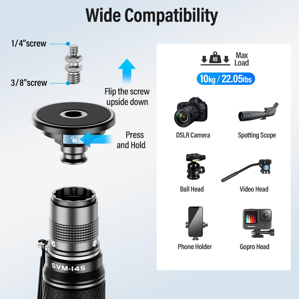 SIRUI Monopié para Cámara SVM-145, Monopié de Fotografía de Carbono de 145cm con Pies, Ajuste Rápido de Altura en un Solo Paso, Monopié de Viaje para DSLR, Carga Máxima 22 Libras