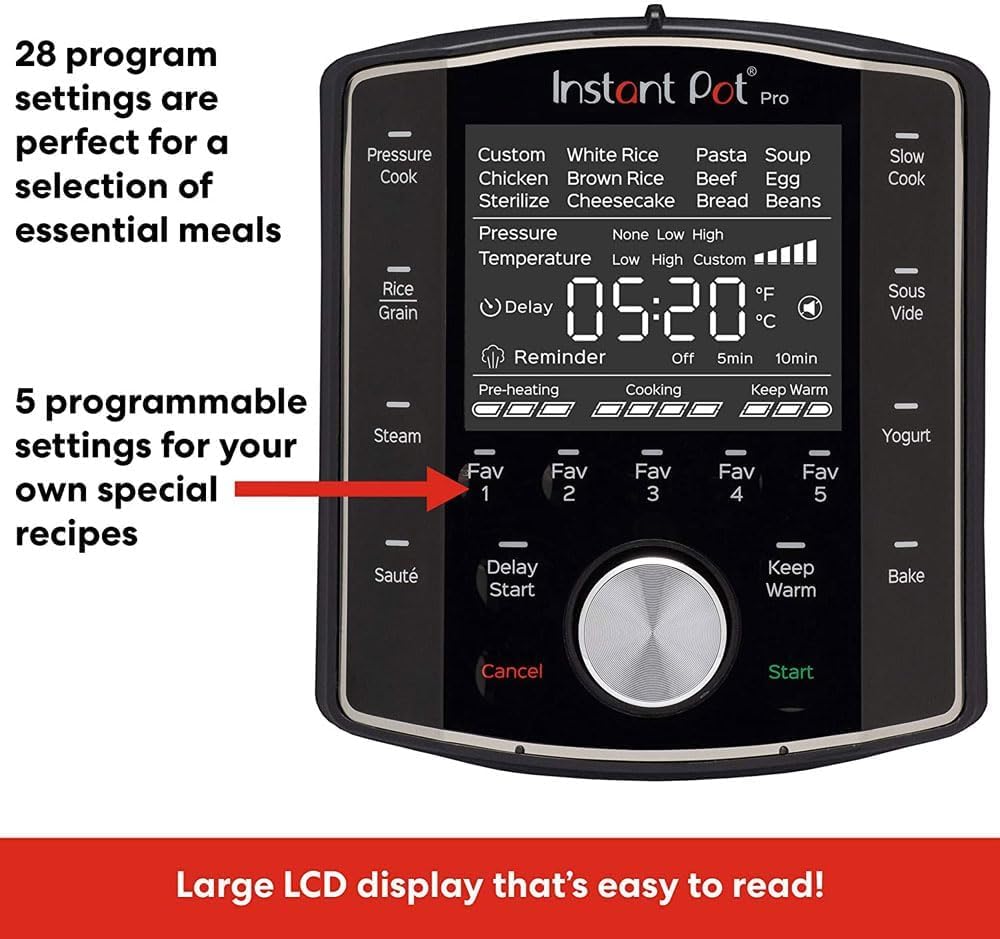 Instant Pot Pro Olla a Presión Eléctrica Multifunción 10 en 1, Cocción Lenta, Arrocera, Vaporera, Yogurtera, Sartén para Saltear, Esterilizador y Al vapor – Acero Inoxidable, 1200 W – 5,7 L, Negro