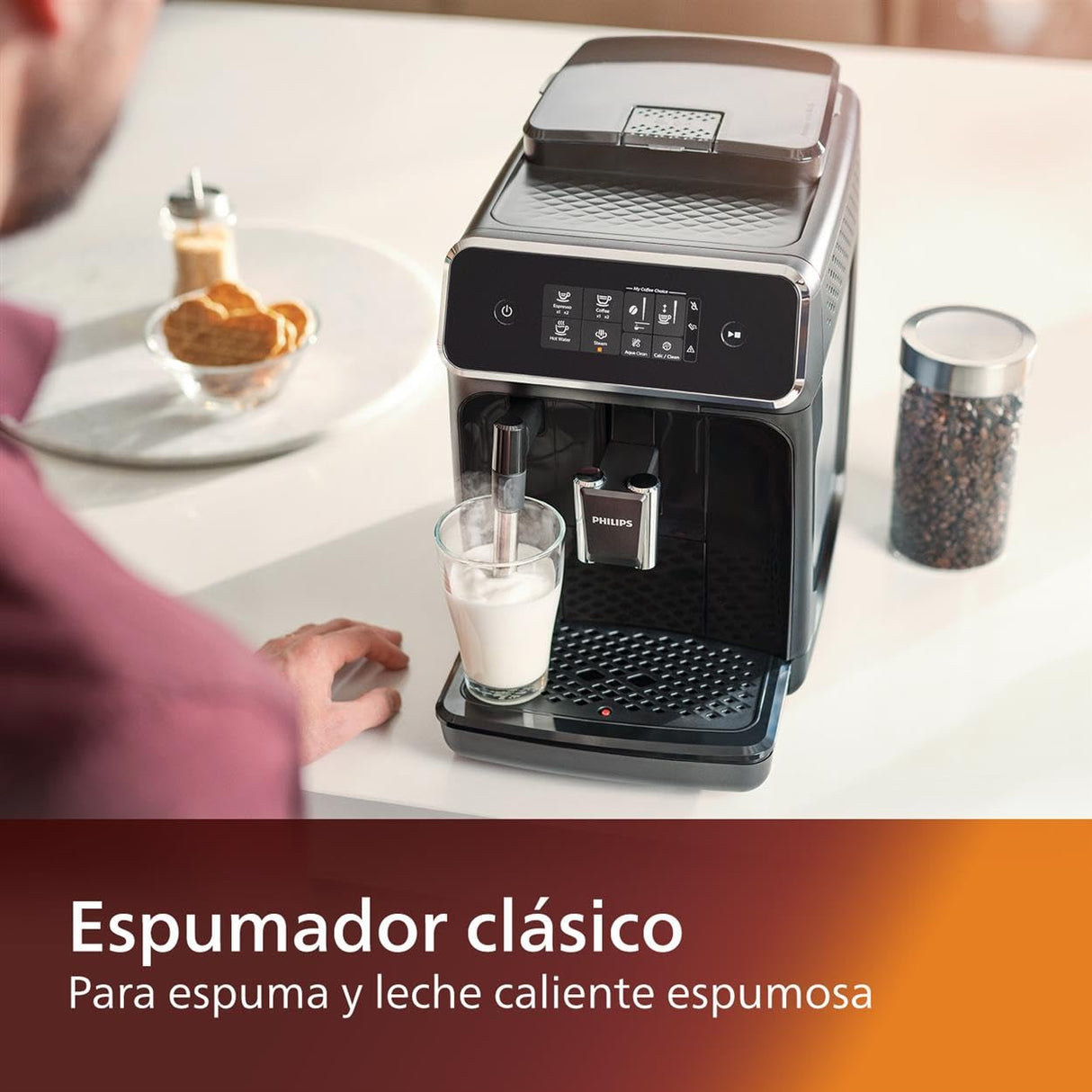Philips Serie 2200 Cafetera Espresso Totalmente Automática - 2 Cafés, Pantalla Táctil, Espumador de Leche Clásico, Molinillo de Cerámica, Negro Mate (EP2220/10)