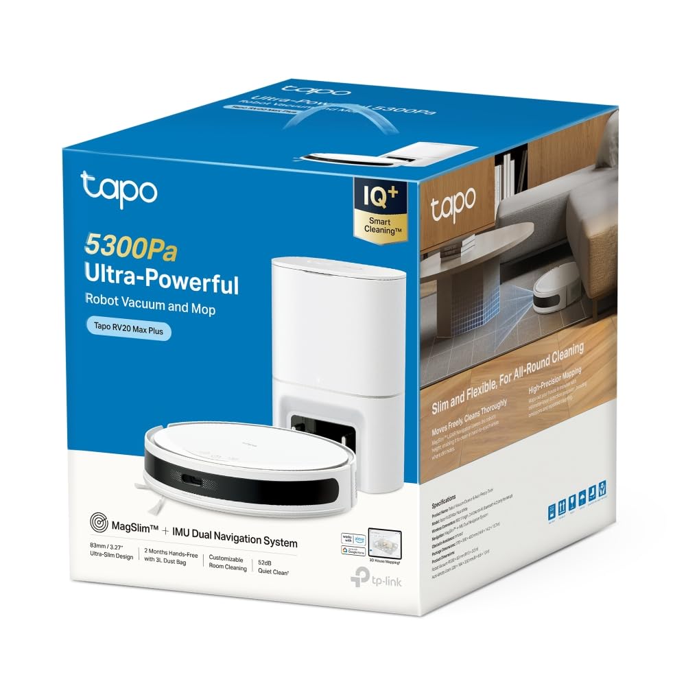 Tapo RV20 MAX Plus Robot Aspirador, Blanco, con 5300Pa de succión, Base de autovaciado, navegación láser LiDAR, mapeo Inteligente, Limpieza 4 en 1, Control por Voz y App, Solo 83 mm de Alto
