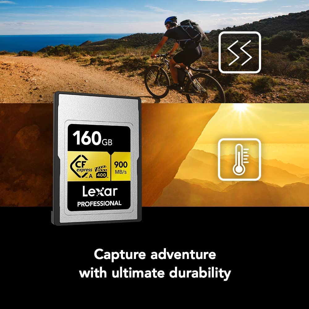 Lexar Tarjeta de Memoria Profesional CFexpress Tipo A Gold Series de 160 GB, hasta 900 MB/s de Lectura, Video 8K de Calidad cinematográfica, clasificada VPG 400 (LCAGOLD160G-RNENG)
