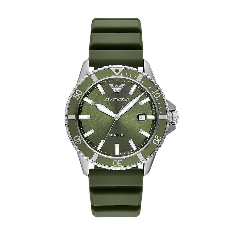Emporio Armani Reloj Hombre, Movimiento de Cuarzo a Tres Agujas con Fecha y Caja de 42mm con Correa de Silicona, Verde Oliva