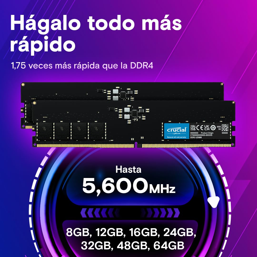 Crucial RAM Kit de 32GB (2x16GB) DDR5 a 5600MHz (o 5200MHz o 4800MHz) Memoria de Escritorio CT2K16G56C46U5