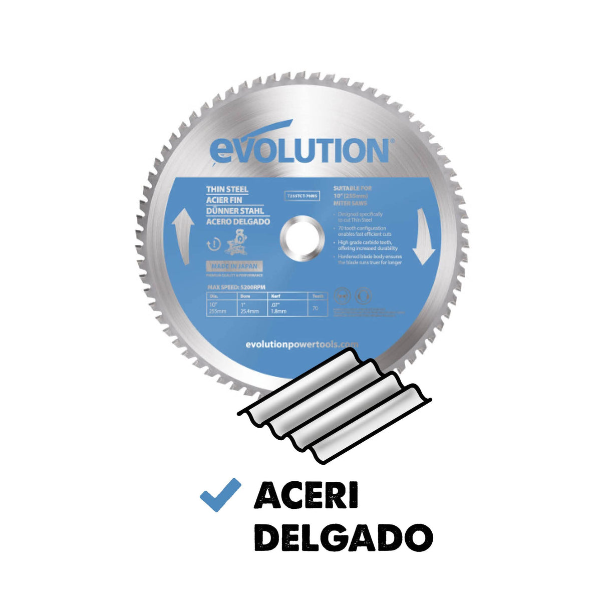 Evolution Hoja de sierra de 255 mm (T255TCT-70MS) de Evolution para cortar acero fino: la hoja de sierra de metal con punta de carburo no genera calor, rebabas ni chispas