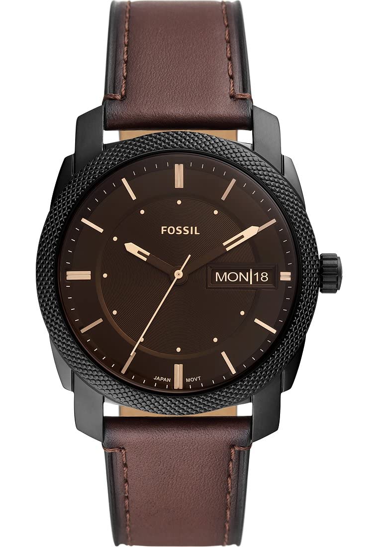 Fossil Reloj para hombre Machine, movimiento de cuarzo, caja de 42 mm de acero inoxidable negro con correa de piel Pro-Planet, FS5901