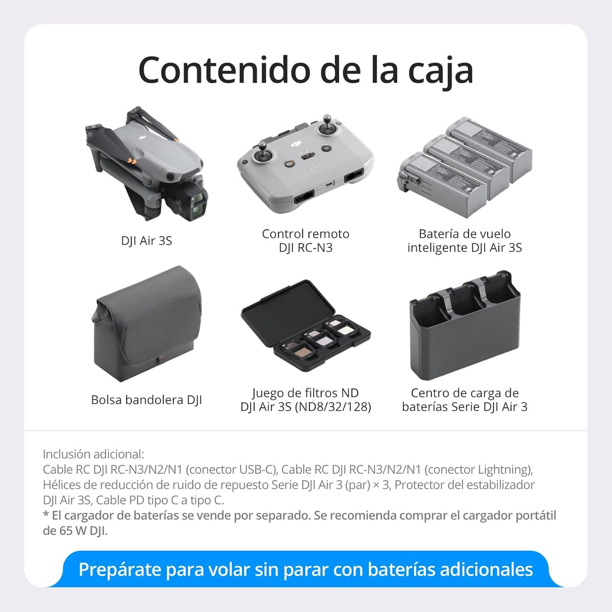 Combo DJI Air 3S Fly More (RC-N3) Bundle, Dron Con Cámara CMOS de 1» Gran Angular y Teleobjetivo Medio, Vídeo HDR 4K/60fps, Detección Omnidireccional de Obstáculos por la Noche y 3 Baterías.