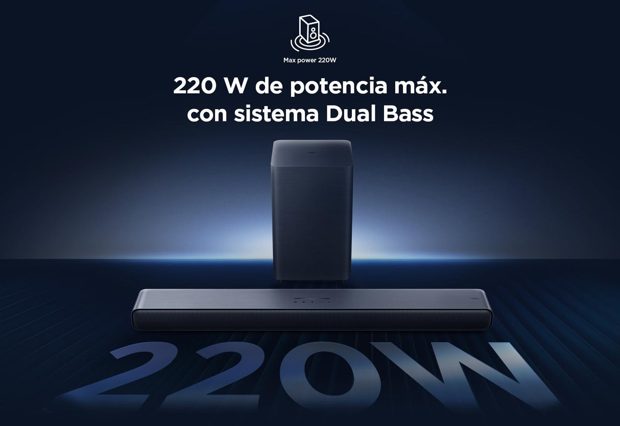 TCL Barra de Sonido S55HE 2.1, 220 vatios, Cine en casa, expansión de Sonido, Dolby Atmos, DTS Virtual:X, Barra de Sonido con subwoofer, Mando a Distancia único, Bluetooth 5.3, HDMI, USB