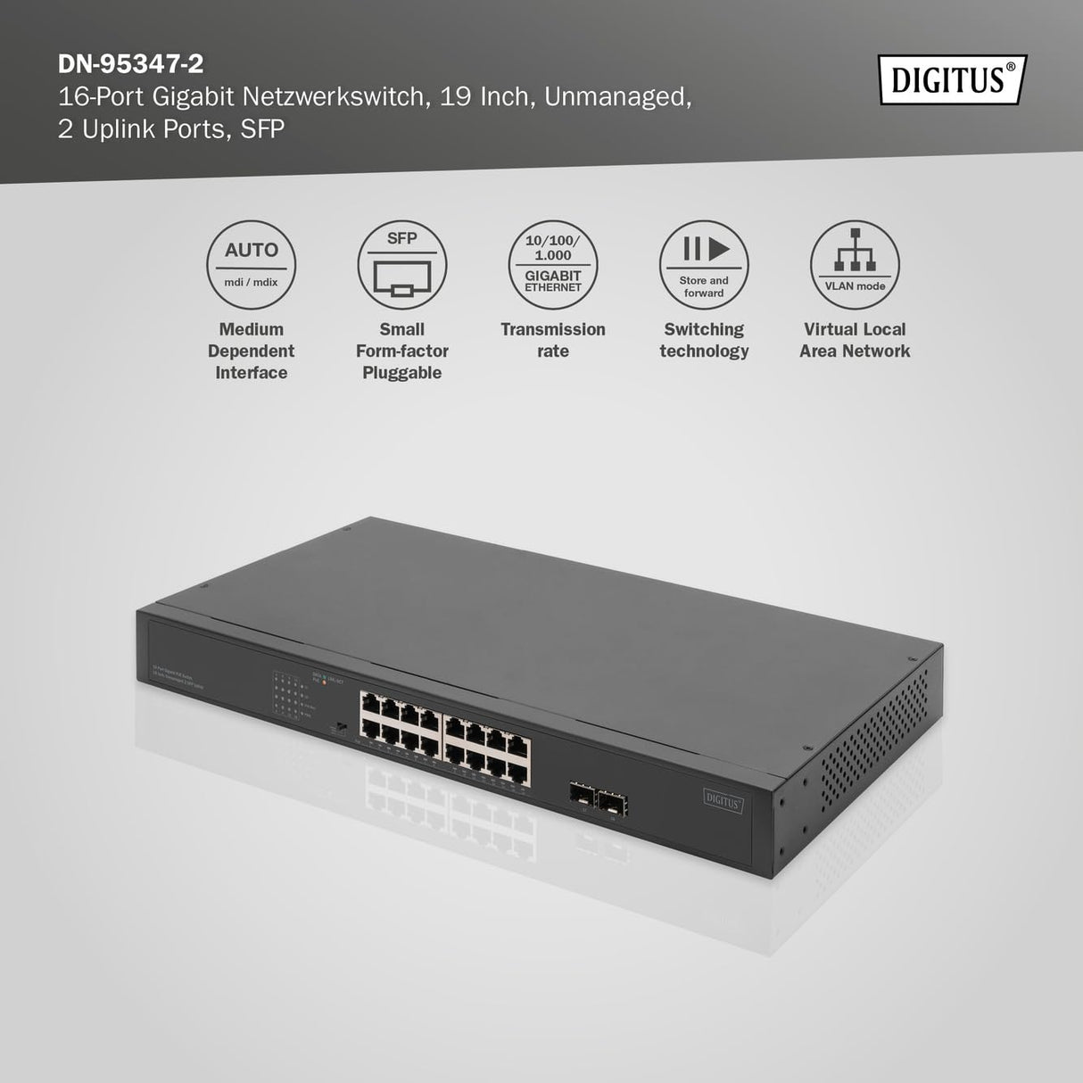 DIGITUS Conmutador de Red PoE de 19 Pulgadas - 16 Puertos Gigabit + 2 Puertos Gigabit SFP - No gestionado - VLAN - 250W PoE Power Budget - 10/100/1000 Mbit/s - Negro