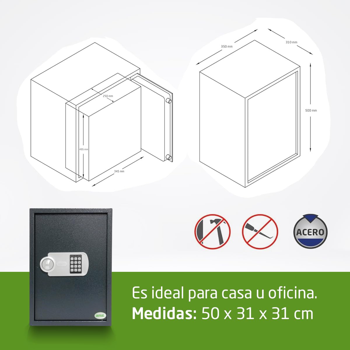 Amig - Caja Fuerte con Código - Caja de Seguridad de Sobreponer - Acero - Camuflada - Ideal para Casa - Protección de Dinero y Joyas de valor - 50 x 31 x 35 cm