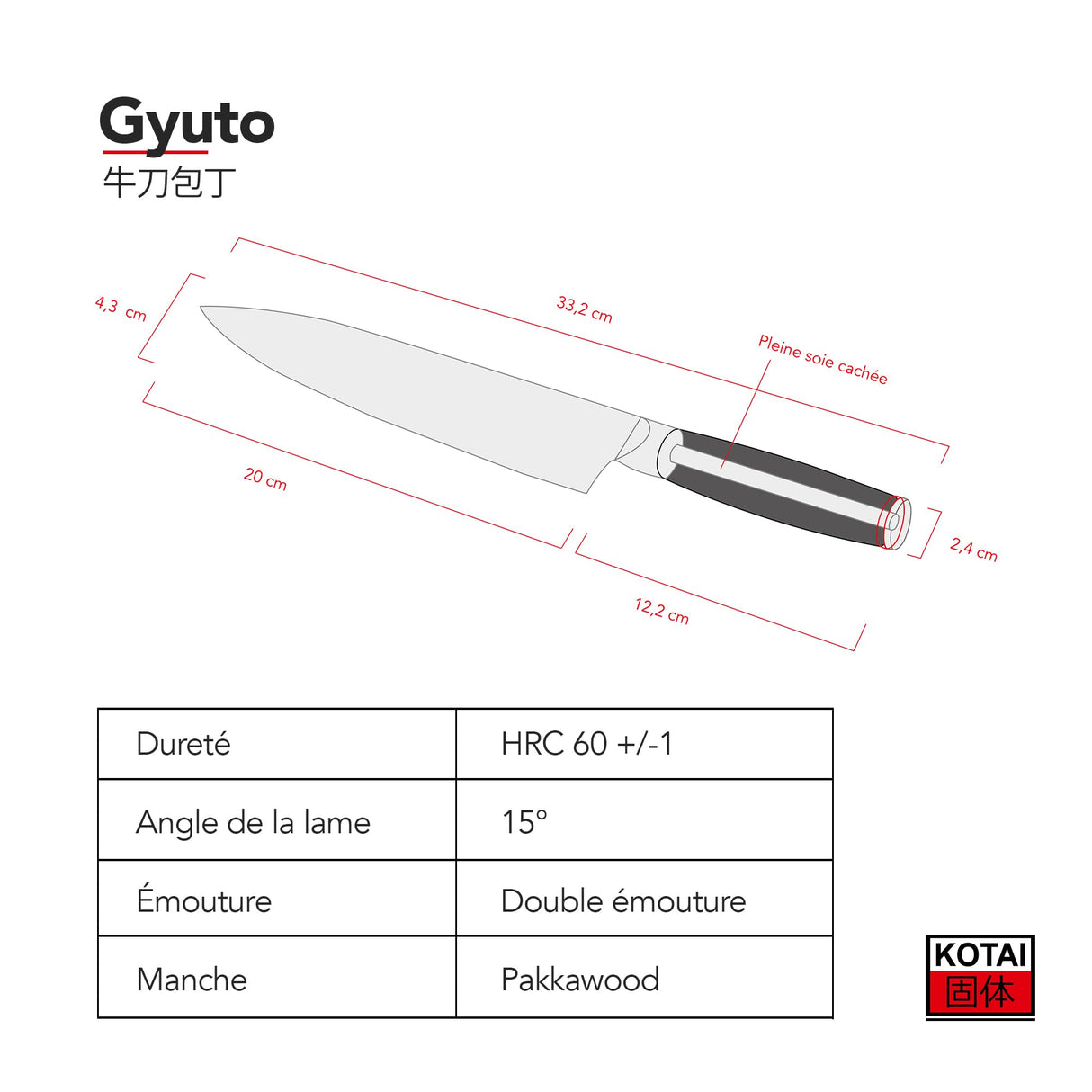 KOTAI | Cuchillo de chef Gyuto | Cuchillo de chef profesional | Hoja de 20 cm | Cuchillos forjados a mano | Acero inoxidable japonés 440C | Mango de madera de Pakka | Tang oculto completo