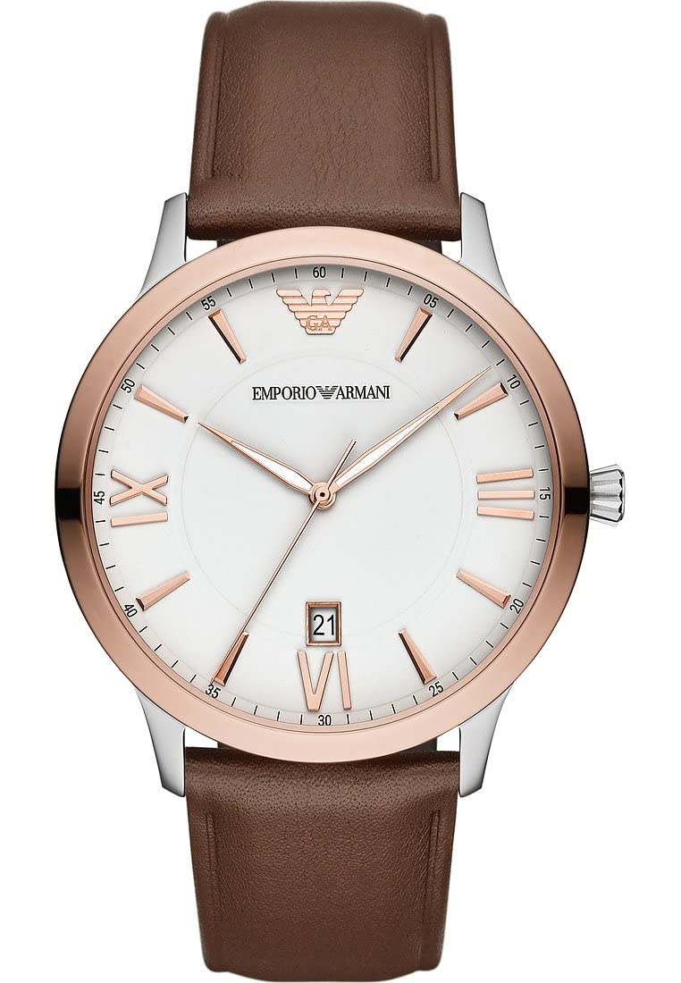 EMPORIO ARMANI Watch For Men, Quartz Three Hand Date Movement and 43mm Case Size with Leather Strap