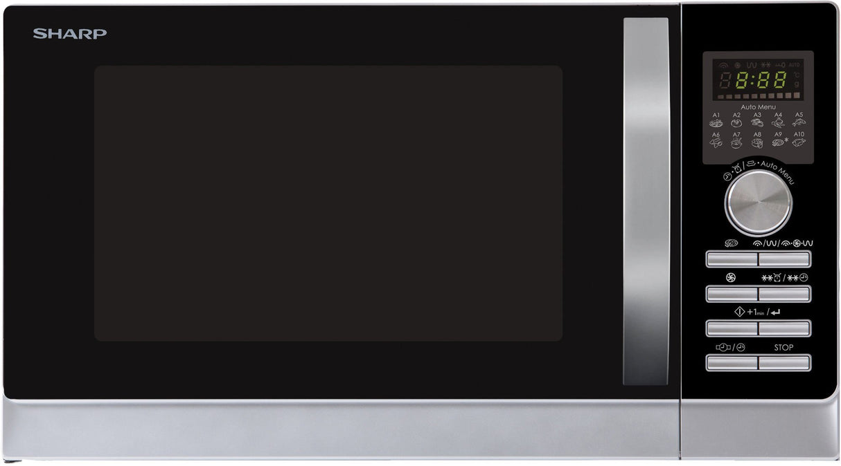 Sharp R843INW Microondas 3 en 1 con aire caliente, grill y convección , 25 L , 800 W , grill 1000 W , 2500 convección , Plato Giratorio de Metal (30 cm) , Plateado