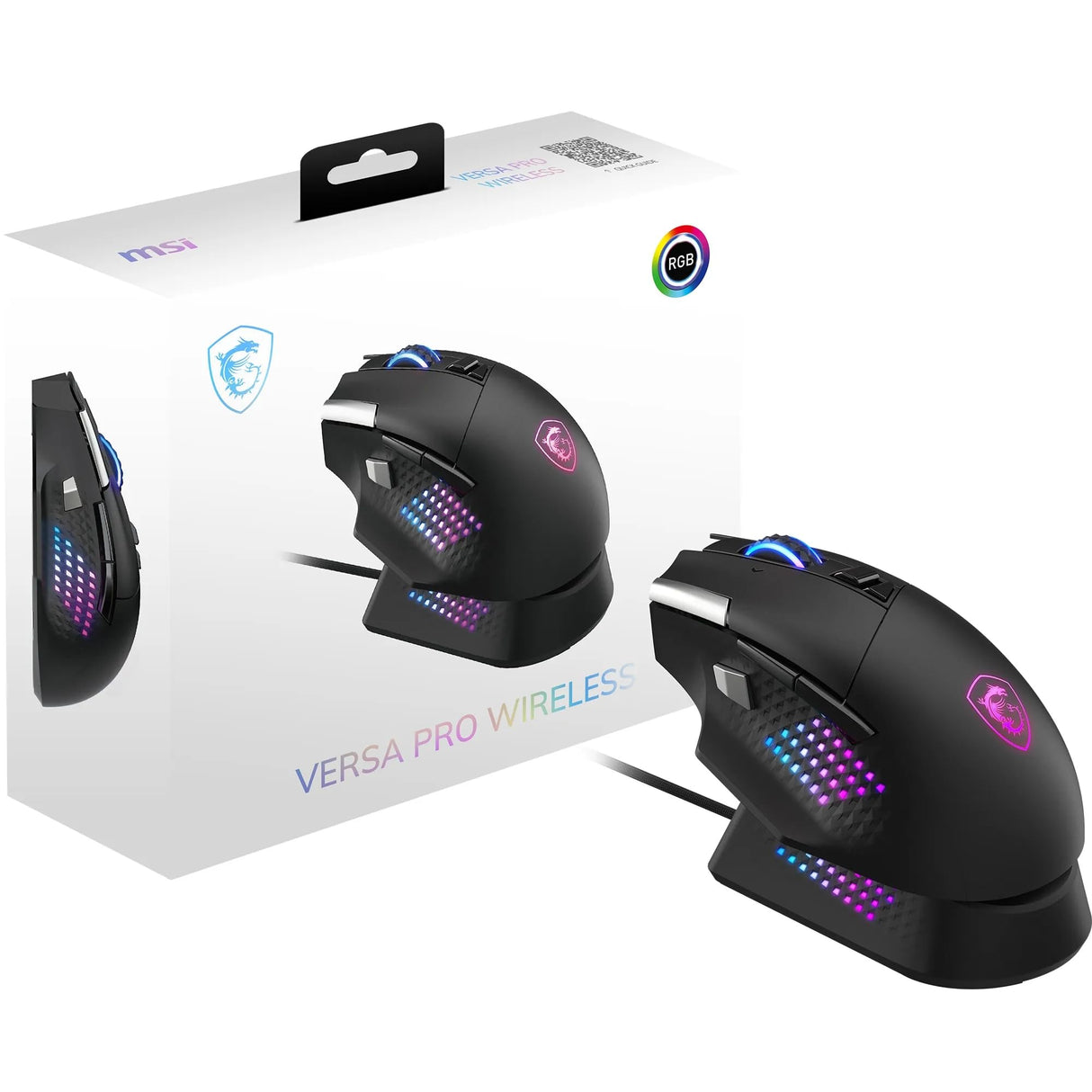 MSI Versa Pro Wireless + Mouse Dock Pro - Ratón Gaming, Sensor óptico de 26.000 PPP, frecuencia de sondeo de 1.000 Hz, diseño para diestros, batería de 80 Horas, con Cable e inalámbrico