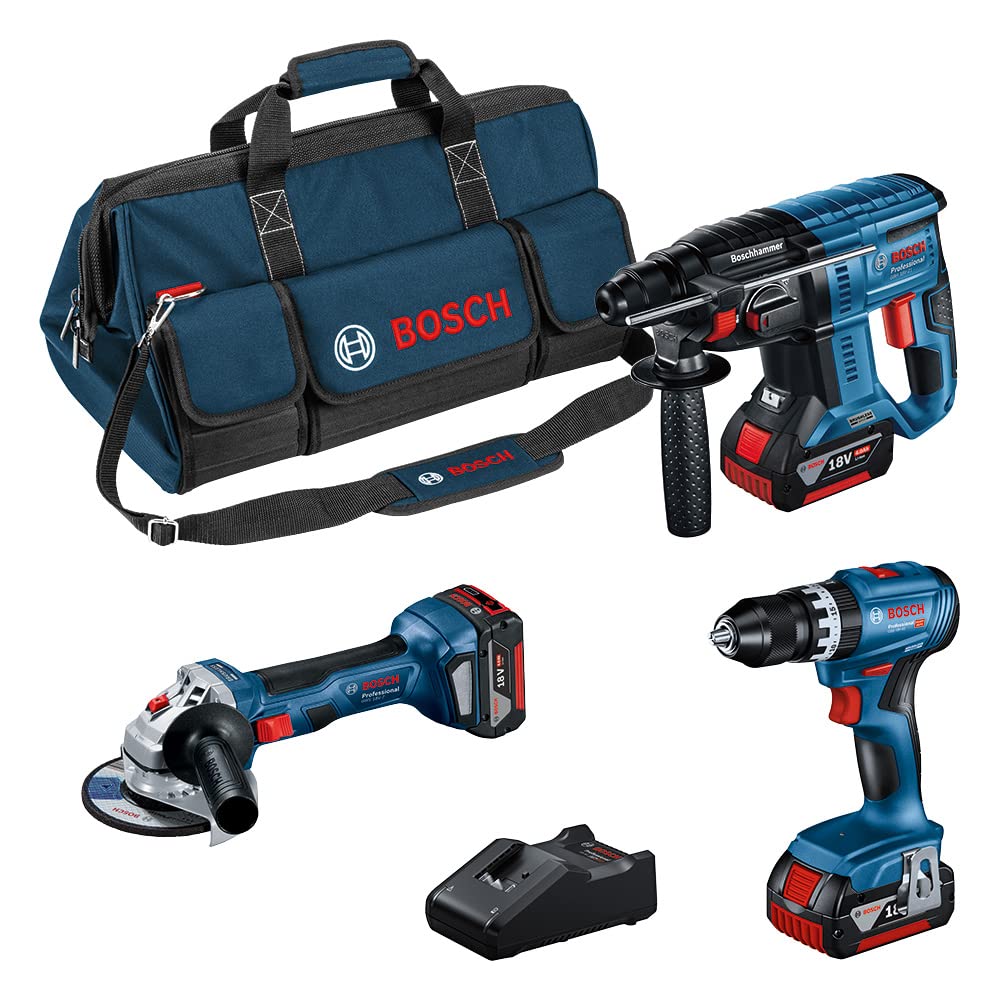 Bosch Professional 18V System GSB 18V-45 + GBH 18V-21 + GWS 18V-7 (125) - Set taladro + martillo + amoladora (3 baterías 4.0Ah, en bolsa) - Amazon Exclusive
