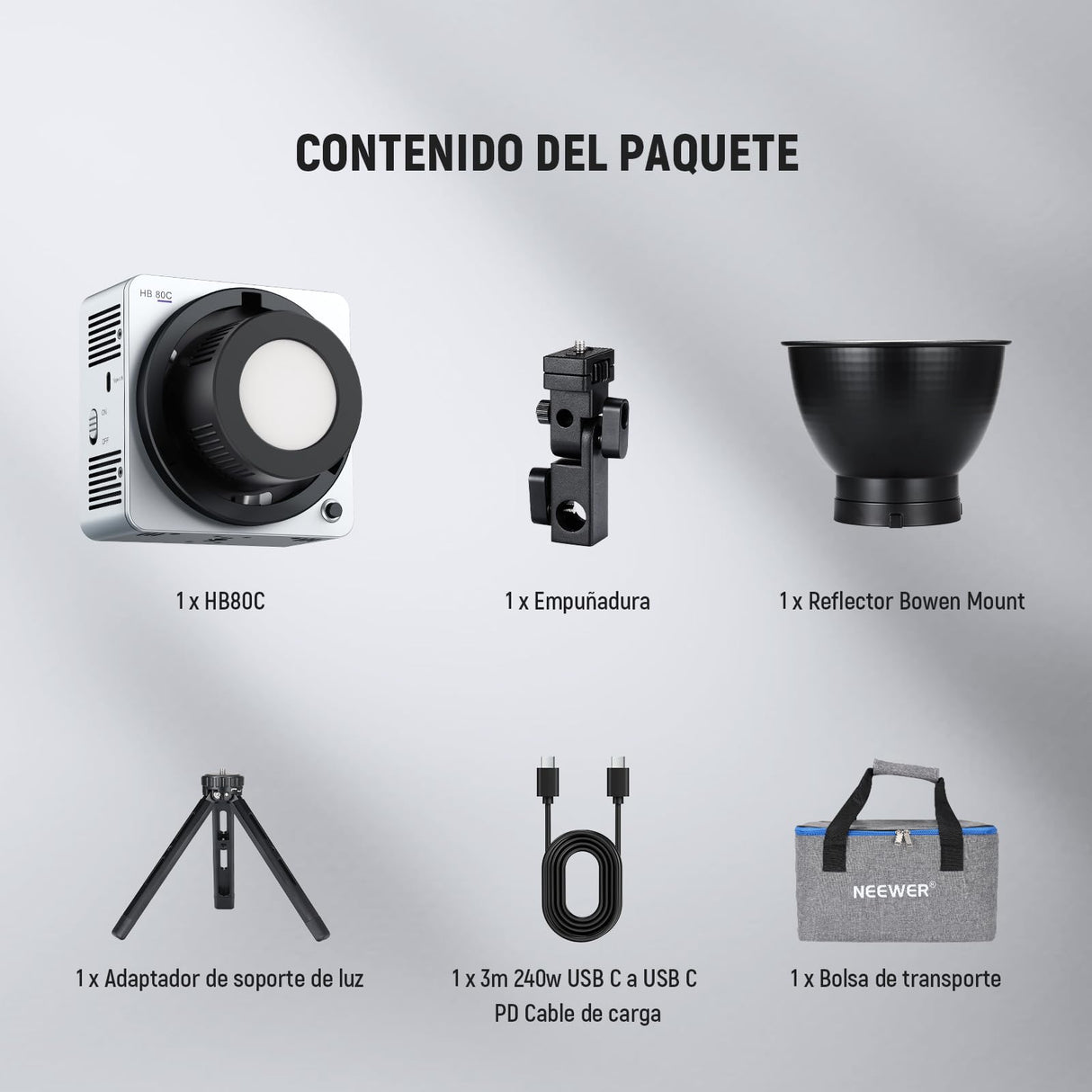 NEEWER HB80C RGBWW Luz Vídeo LED con Batería Incorporada 72Wh y PD 100W Carga Rápida, 80W Mini RGB COB Iluminación Salida Continua Foco Portátil con Montaje Bowens 2500K-7500K, 10400lux/m, 18 Efectos