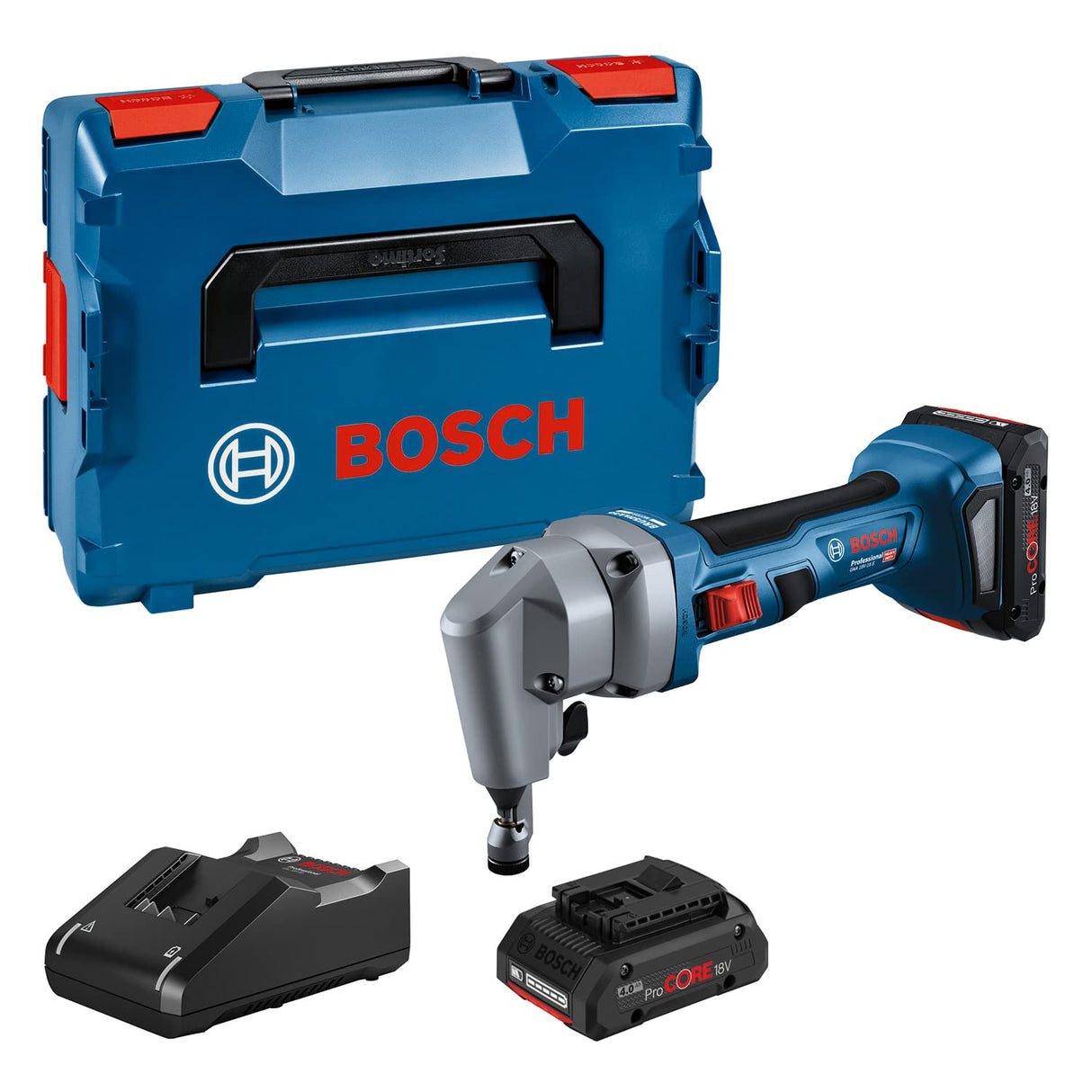 Bosch Professional 18V System GNA 18V-16 E - Punzonadora a batería (Brushless, 1400 cpm, motor Brushless, corte en acero 1,6 mm, 2 baterías ProCORE 4.0Ah, en L-BOXX)