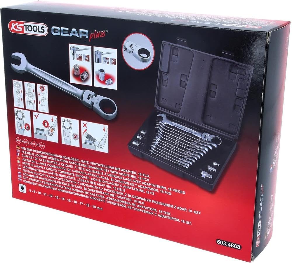 KS Tools 503.4868 Juego de llaves combinadas de carraca articuladas GEARplus, 18 pzsbloqueables