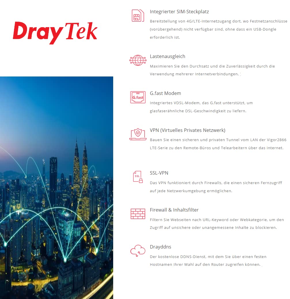DrayTek Vigor2866L - Serie LTE - Router 4G LTE & G.Fast para pequeñas y Medianas Empresas