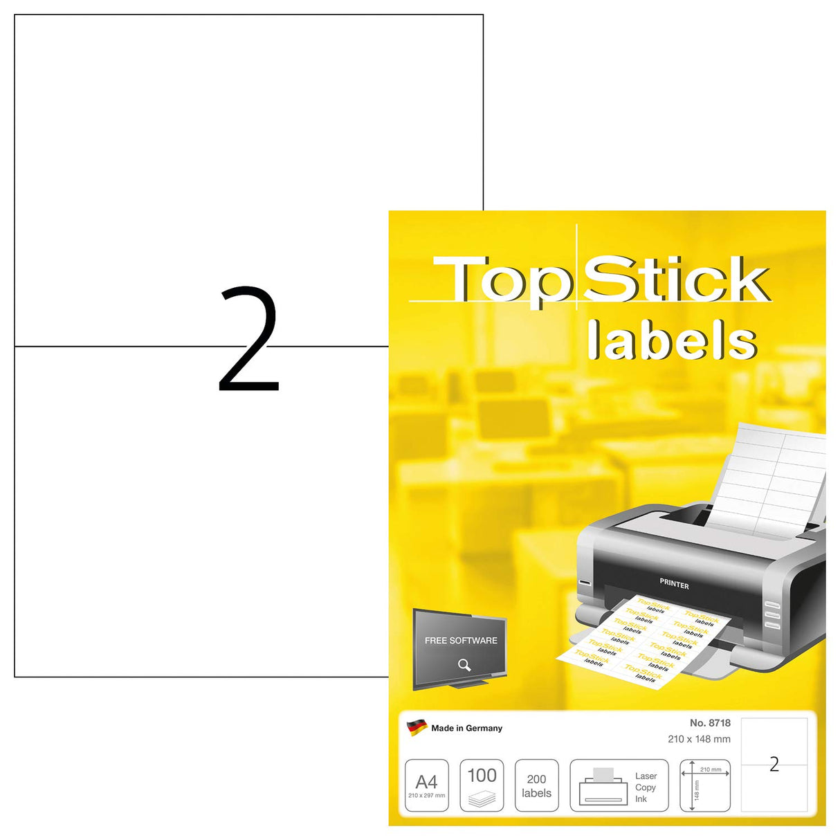 TopStick 8718 Etiquetas universales A4 grande, paquete de 10 (210 x 148 mm, 1000 hojas, papel, mate) autoadhesivas, imprimible, pegatinas de dirección permanentes, 2000 adhesivos blancas