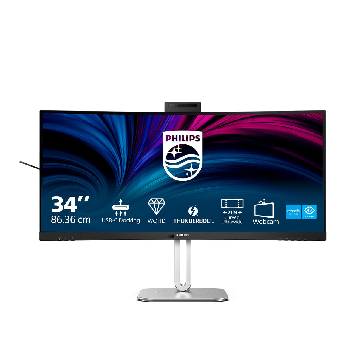 Philips 34B2U6603CH - Monitor Curvo WQHD de 34 Pulgadas, Regulable en Altura, Altavoces, cámara Web de 5 MP, cancelación de Ruido, HDR400 (120 Hz, HDMI, DisplayPort, USB-C, Hub USB) Gris Oscuro