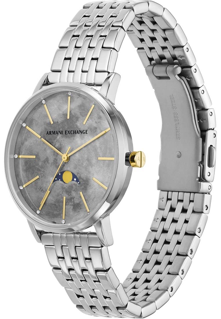 Armani Exchange Reloj de Mujer, Movimiento de Cuarzo/múltiple, Caja de 36MM de Acero Inoxidable Plateado con Correa de Acero, AX5585, Tono Plateado y Grunge