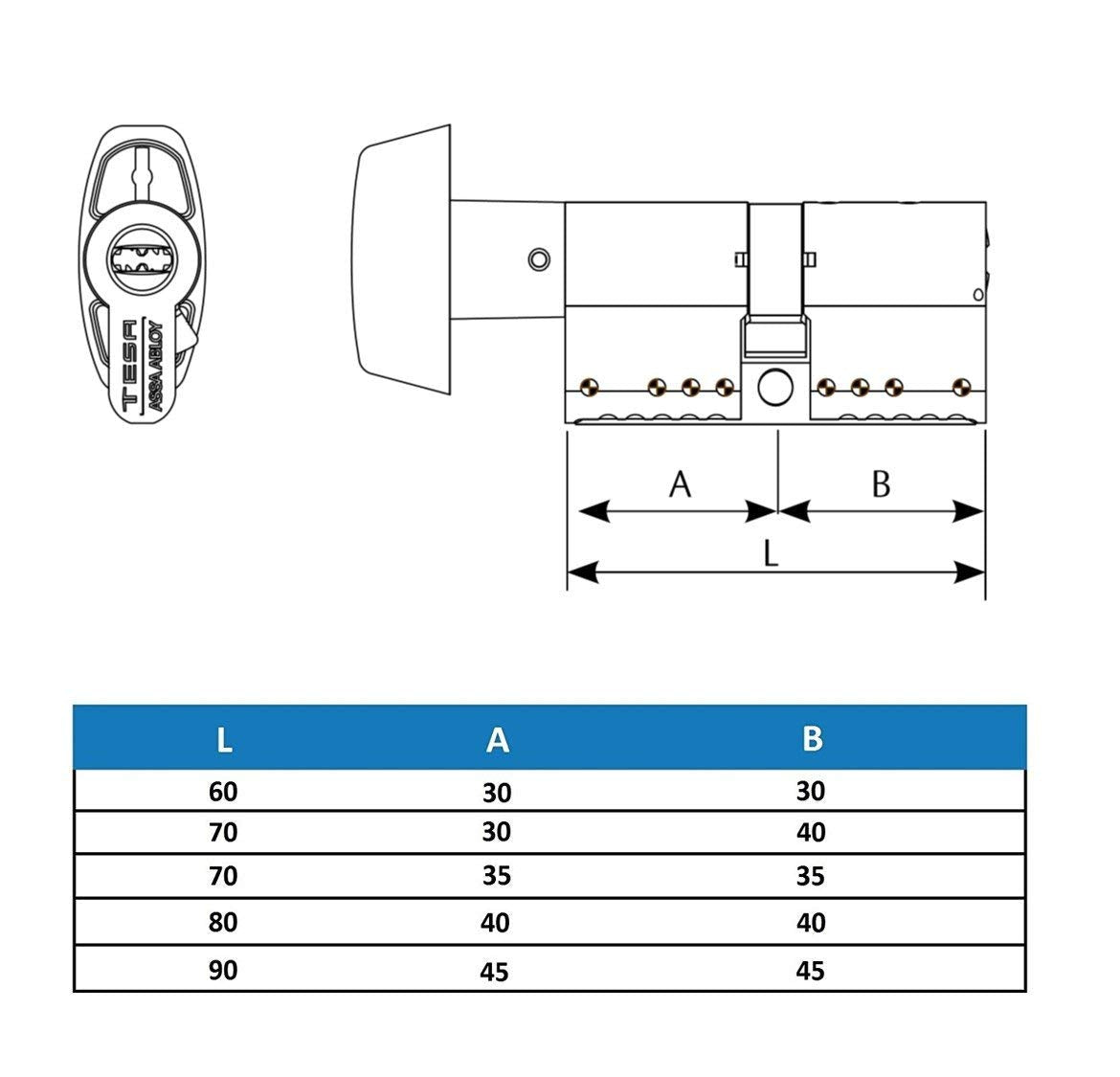 Tesa Assa Abloy TK1B3040N: Cilindro europeo TK100, 30 x 40 mm, acabado niquelado, compatible con cerraduras de perfil europeo, uso residencial y comercial, instalación sencilla