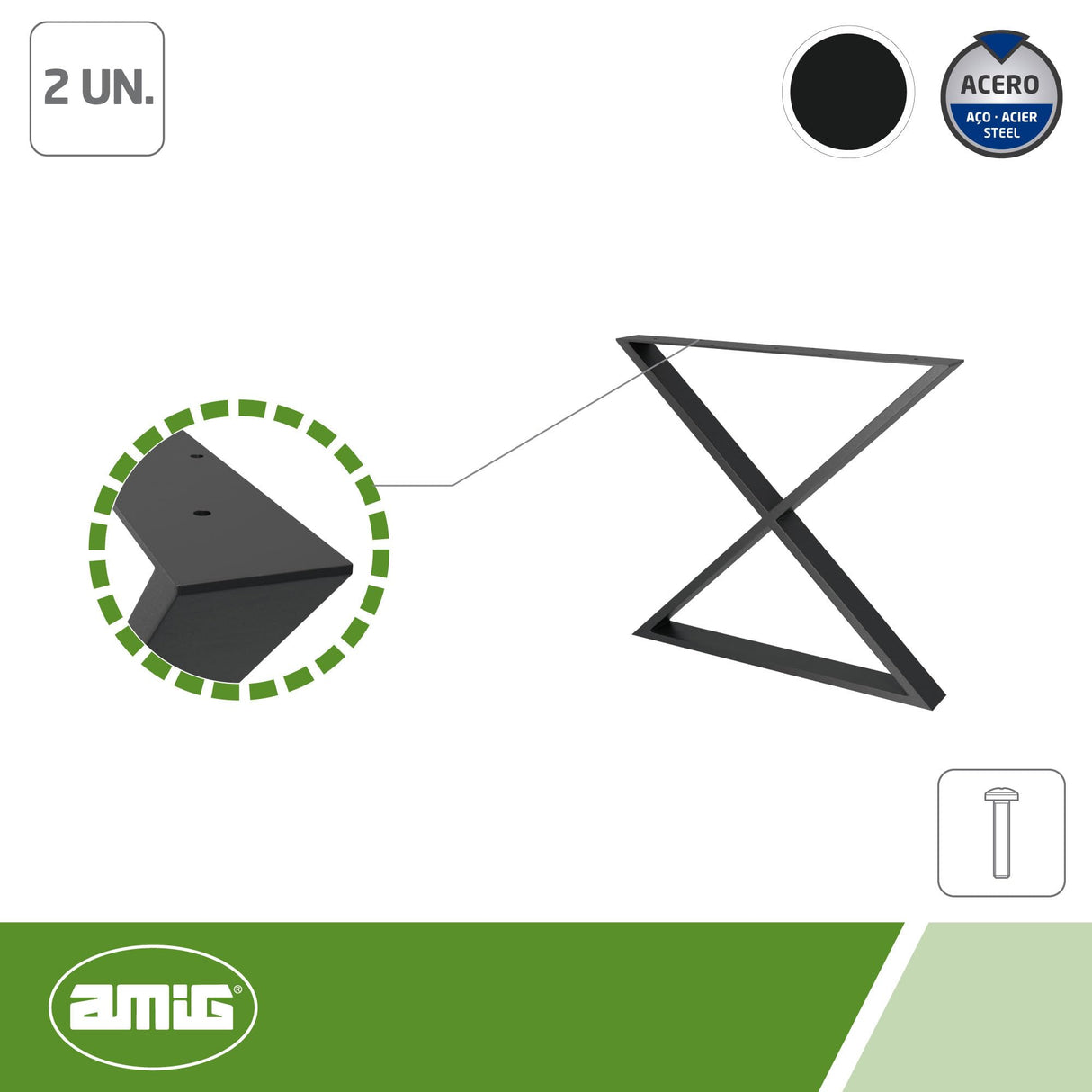 Amig - Juego de 2 Patas para Mesas de Comedor o Recibidor - Set de Patas para Mesa de Estilo Industrial - Material: Acero - 712 x 780 x 80 mm - Resistencia y Durabilidad - Acabado en Negro Mate