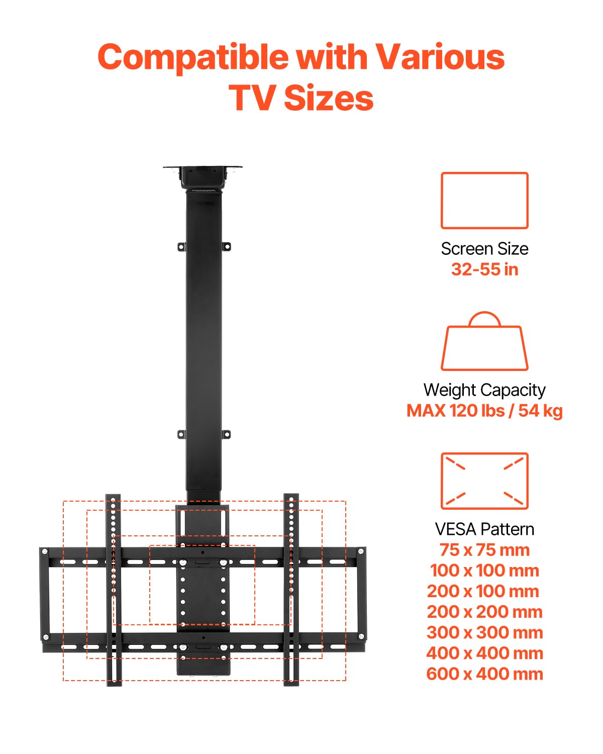 VEVOR Soporte para TV de Pared motorizado, Marco Soporte para TV Dimensiones de 813 a 1397 mm, Marco Porta televisión Plegable Ajustable con VESA máx. 60 x 40 cm, Carga máx. 54 kg