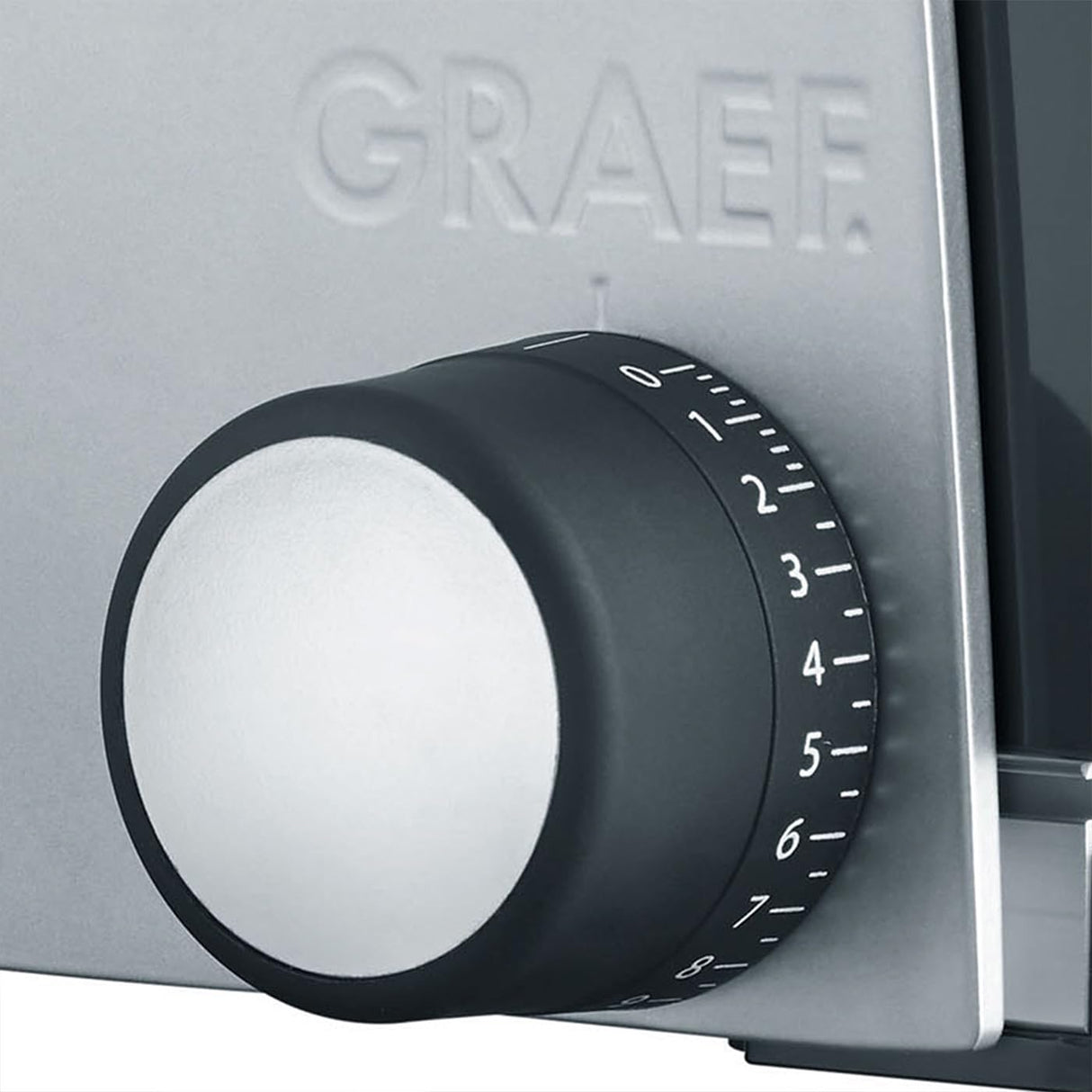 GRAEF Cortafiambres multiusos SKS320 plata, carcasa metálica, cuchilla dentada Ø170 mm de acero inoxidable, diseño compacto, base de cristal, función continua, seguridad infantil, fácil limpieza