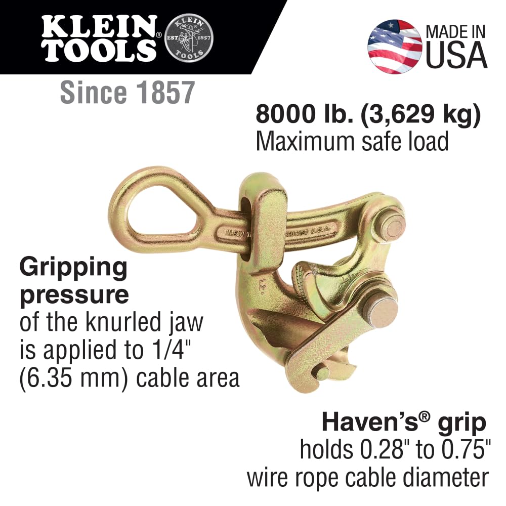 Klein Tools Agarre 1625-20, fabricado en Estados Unidos, herramienta de tracción de alambre Haven's Grip para cuerda de alambre de 0.75 pulgadas, carga máxima de 8000 libras