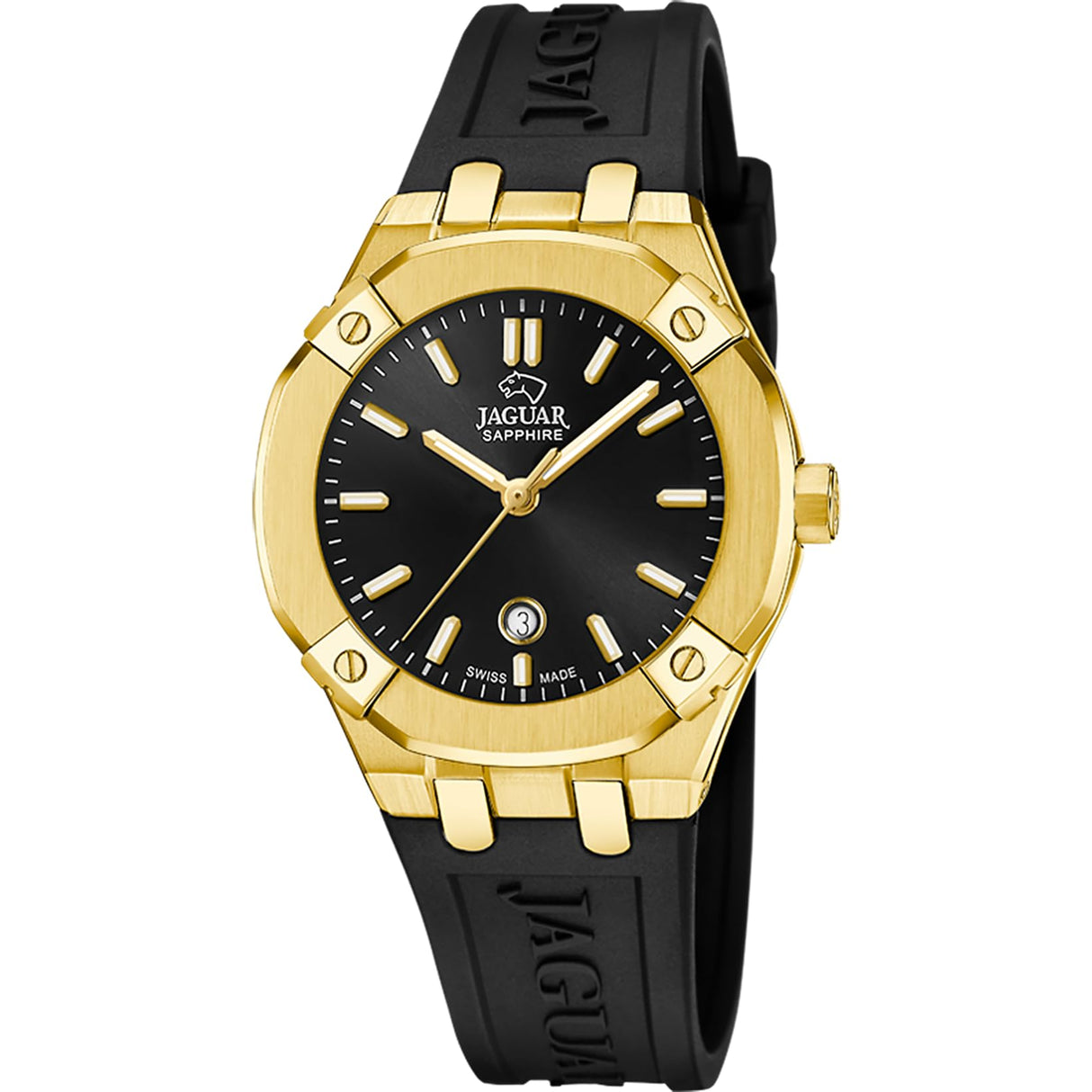 JAGUAR Reloj Mujer J1018/1 Diplomatic Caja de Acero Inoxidable 316l Dorado Correa de Caucho Negro