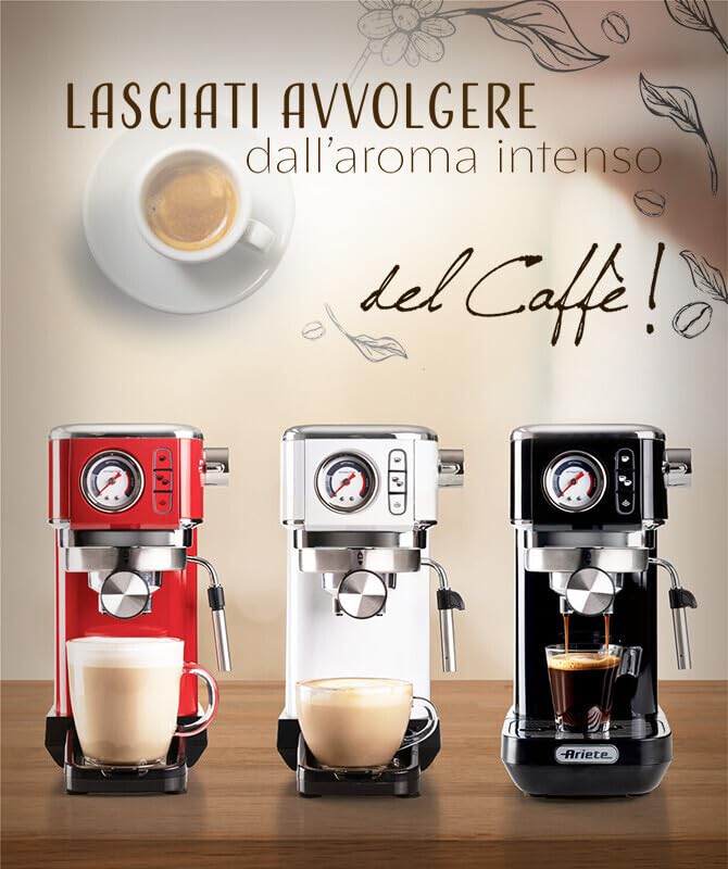 Ariete 1381 - Cafetera con manómetro, compatible con café en polvo y pastillas ESE 1300 W, capacidad 1,1 l, filtro a presión 15 bar, dispositivo capuchino de ½ tazas, color negro