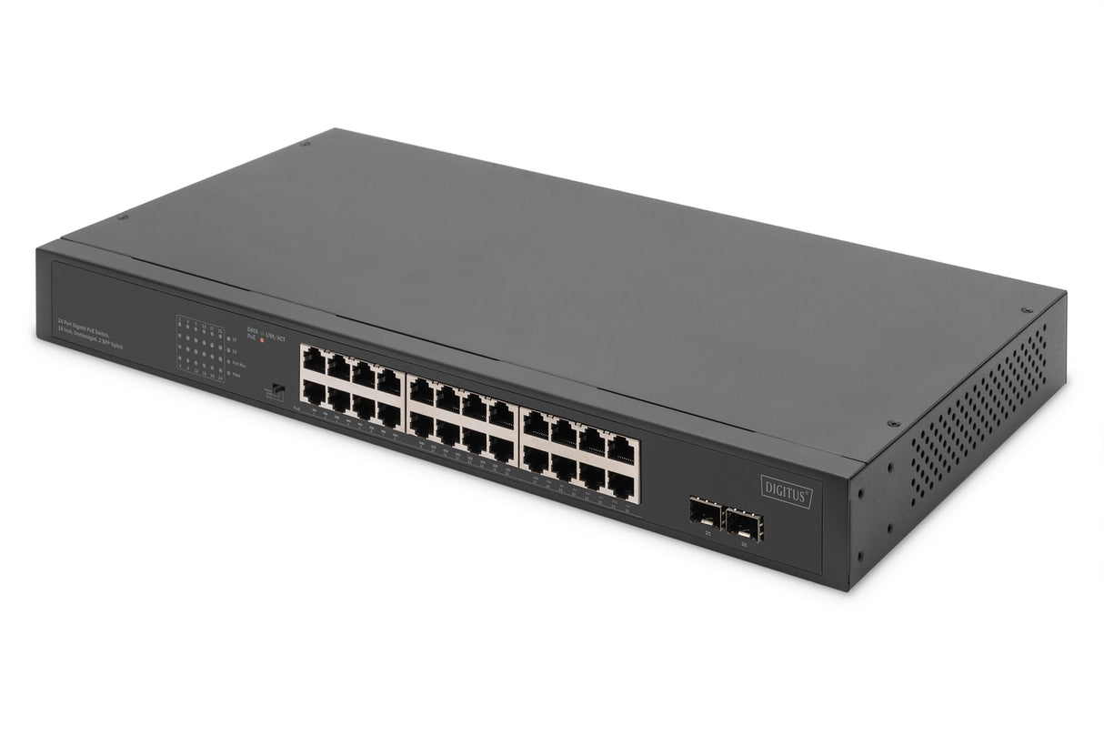 DIGITUS Conmutador de Red Ethernet PoE Gigabit de 24 Puertos - No gestionado - 24 Puertos RJ45 + 2 Puertos de Enlace Ascendente SFP - Presupuesto PoE de 370 W - Factor de Forma de 19 Pulgadas - Negro