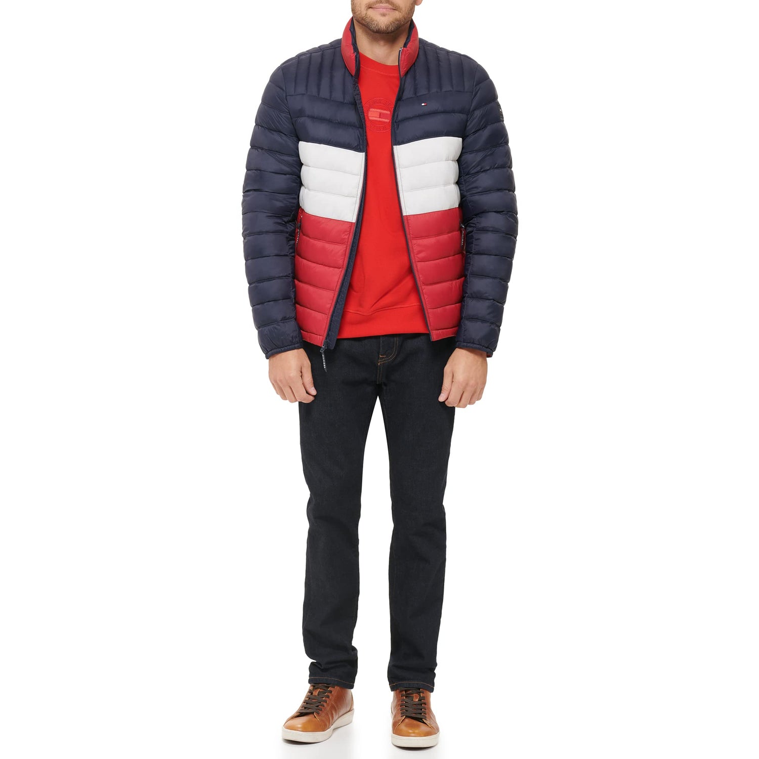Tommy Hilfiger Ultra Loft Lightweight Packable Puffer Jacket (Standard and Big & Tall) Abrigo Alternativo de plumón, Midnight/Ice/Red Colorblock, L Alto para Hombre