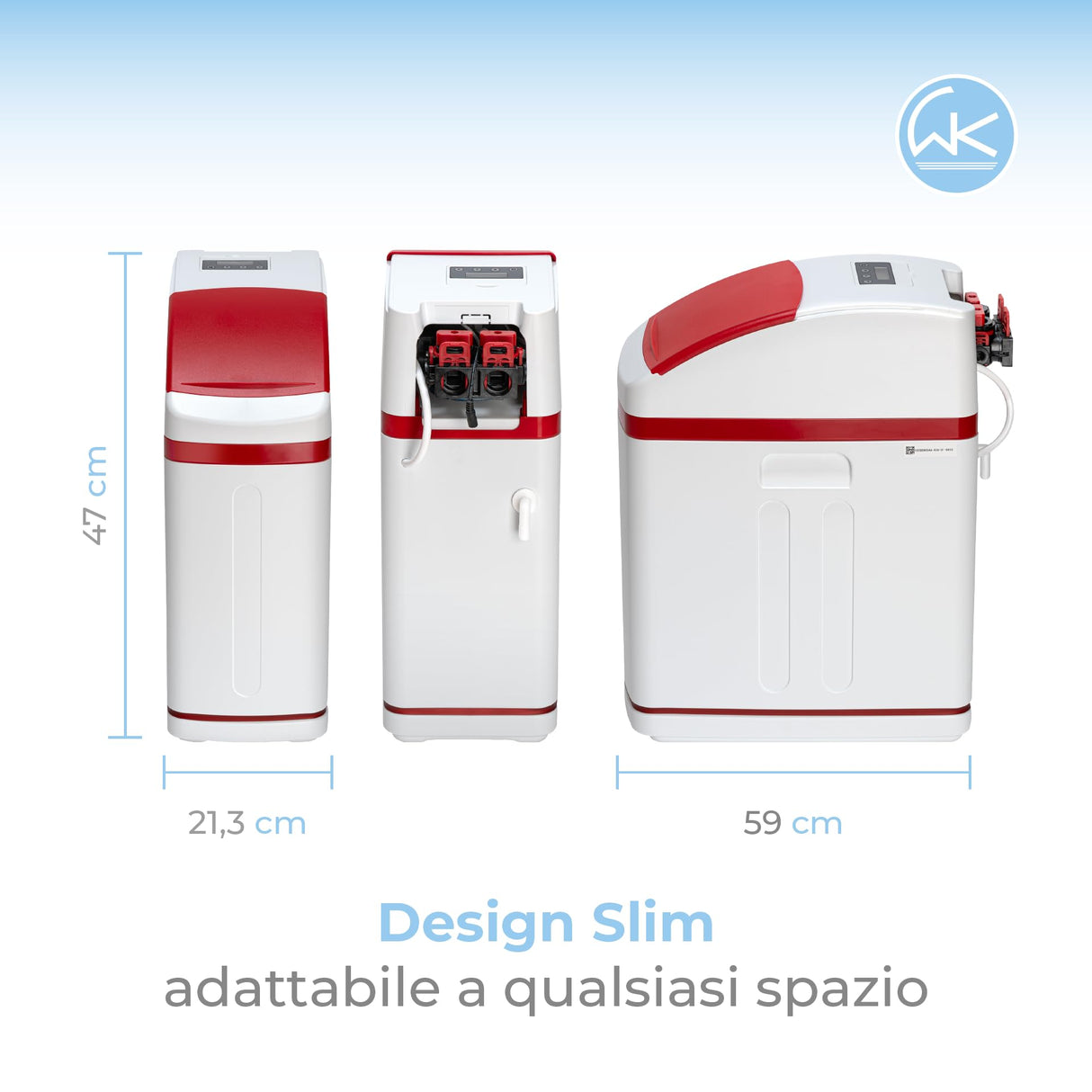 Ablandador de agua WK Slim Shark blanco – Filtrado eficaz, diseño delgado para ahorrar espacio, ideal para 3-4 personas