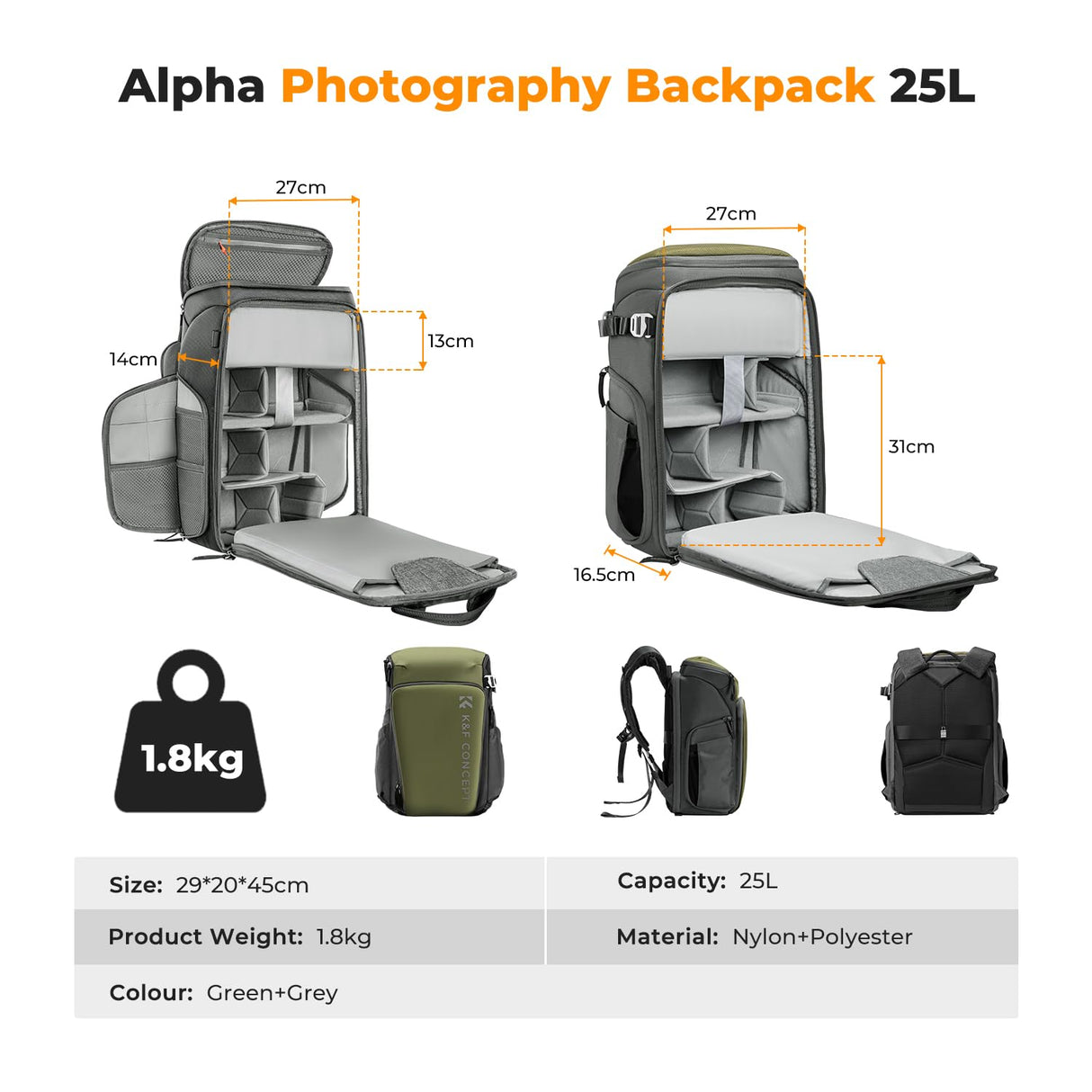 K&F Concept Mochila Cámara Profesional, Bolsa Fotógrafos Cámara Impermeable de Gran Capacidad Camera Reflex Digital DSLR, Adecuado para viajes al aire libre senderismo fotografía Verde