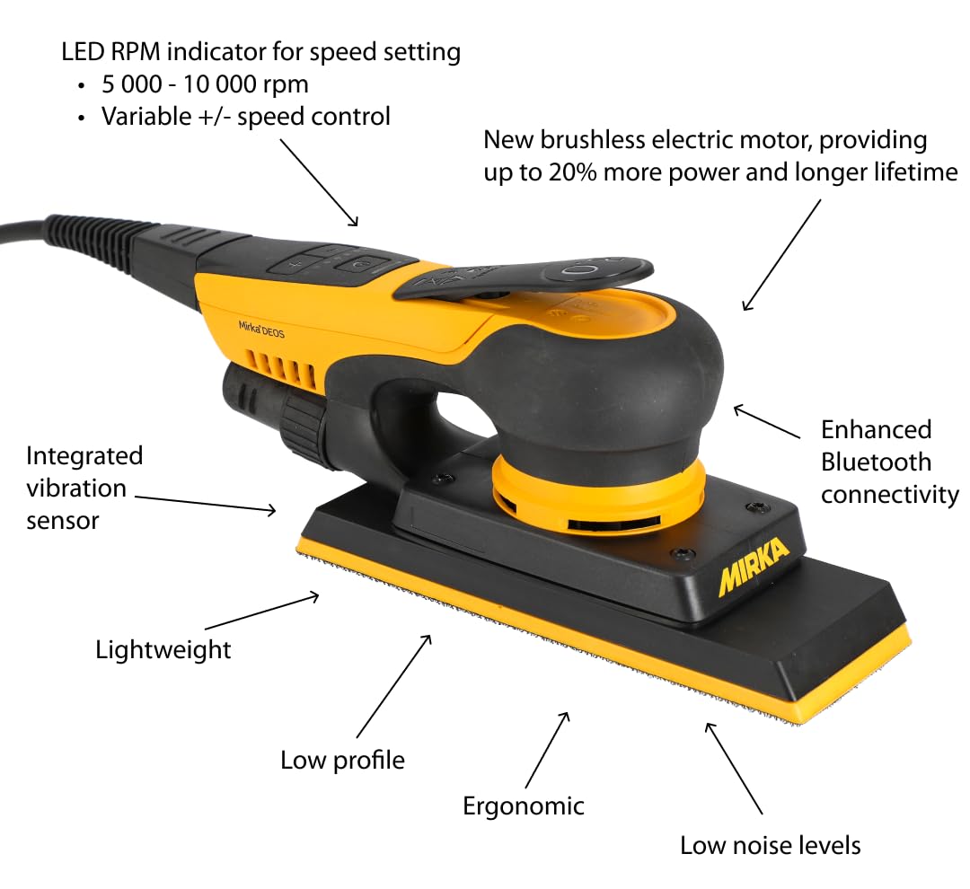 Mirka DEOS II 383 lijadora orbital 70x198mm 300 W lijadora de baja vibración para el lijado sin polvo de madera, tabiquería seca y metal con papel de lija velcro / MID3834044
