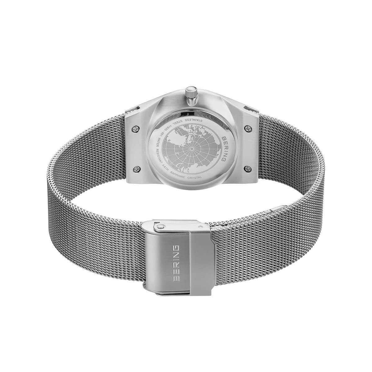 BERING 11930-001 Reloj de cuarzo para mujer con caja de acero inoxidable plateado de 30 mm y esfera blanca, correa milanesa, cristal de zafiro y resistencia al agua de 5 ATM