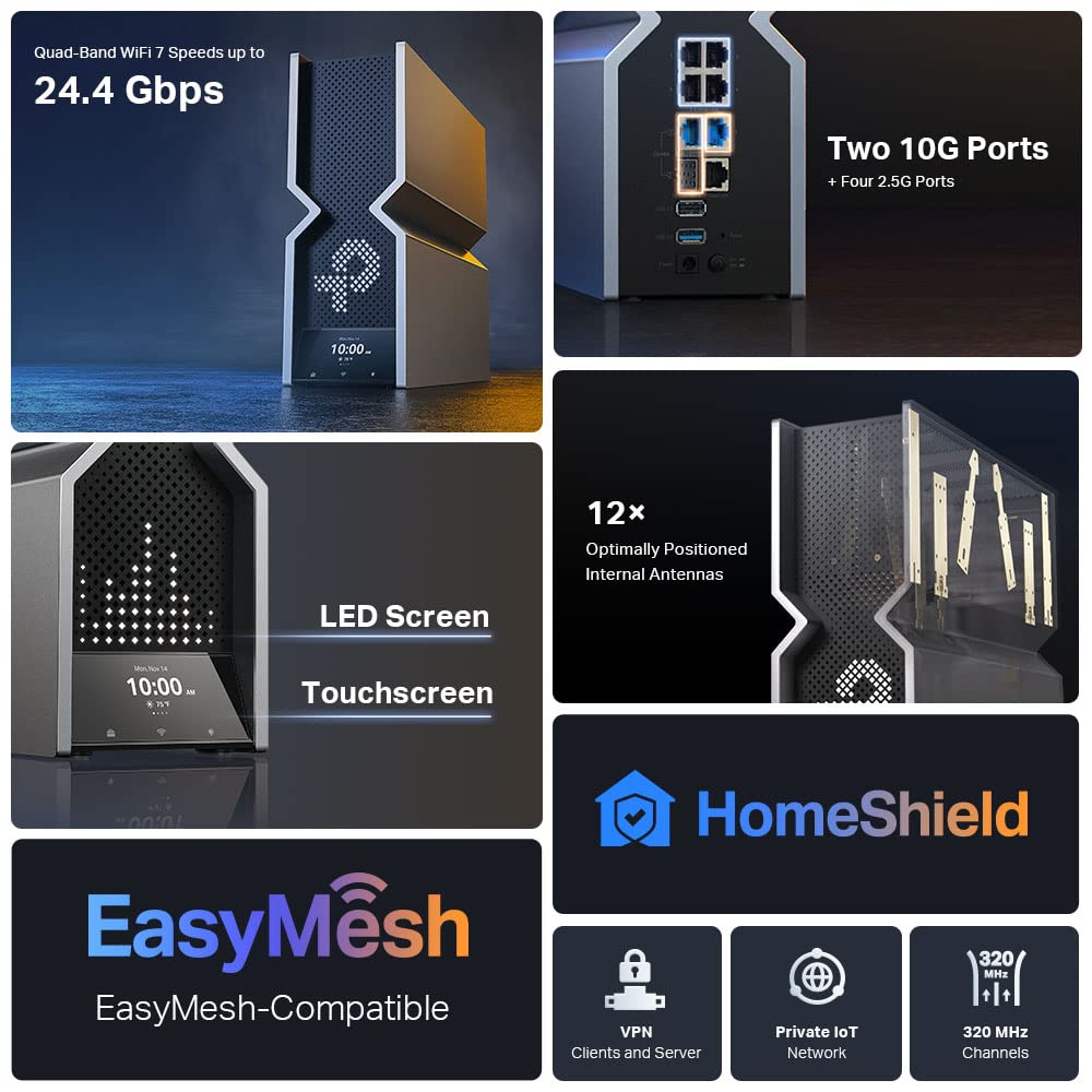 TP-Link Archer BE900 WiFi 7 Router, Pantalla táctil LED, 1 Puerto 10G, 1 Puerto 10G RJ45/SFP+ Combo, 4 Puertos de 2,5G, 2 Puertos USB, Quad-Band BE24000, VPN, EasyMesh, el Router más Potente de