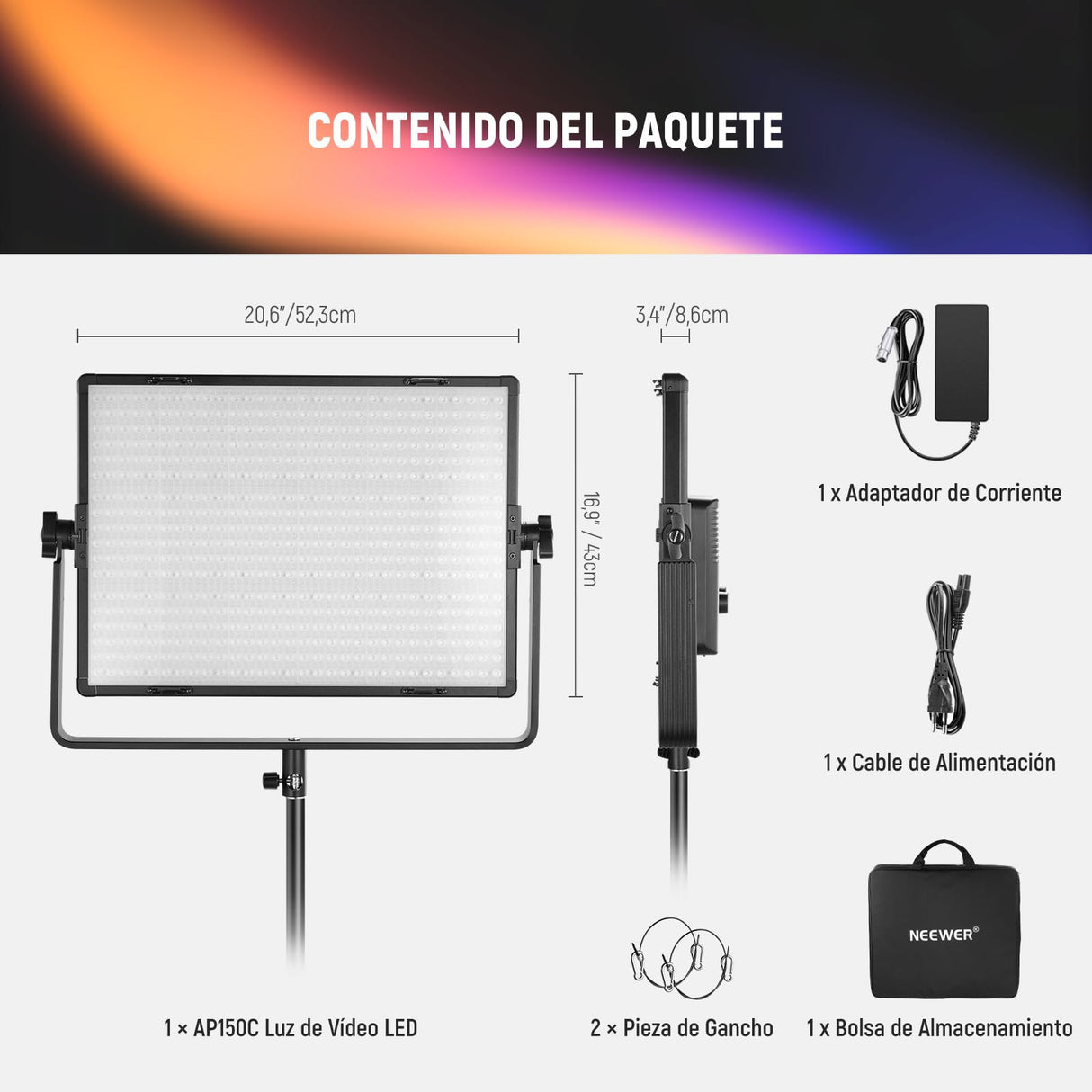 NEEWER 150W Luz Video Kit Panel LED RGB con Barn Doors, 1800 LED Lente TIR 42500Lux@0.5m 2500-10000K CRI96+/TLCI97+ 0.0%-100% Atenuación, App/2.4G/Panel/Control DMX para Iluminar Estudio Pro, AP150C