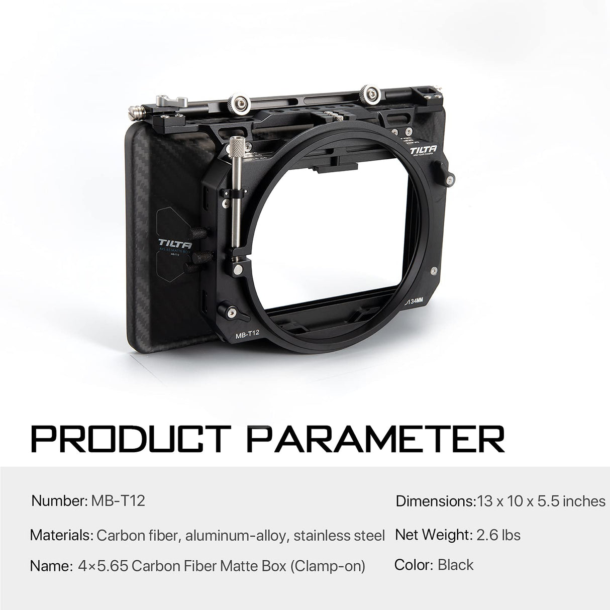 Tilta Matte Box Caja Mate para cámaras Studio Cinima, 3 Piezas de 4 x 5,65 "Marco de Filtro con 5 Anillos adaptadores de Lentes (134/114/110/95/80 mm) 5 Piezas Frontal Mate MB-T12